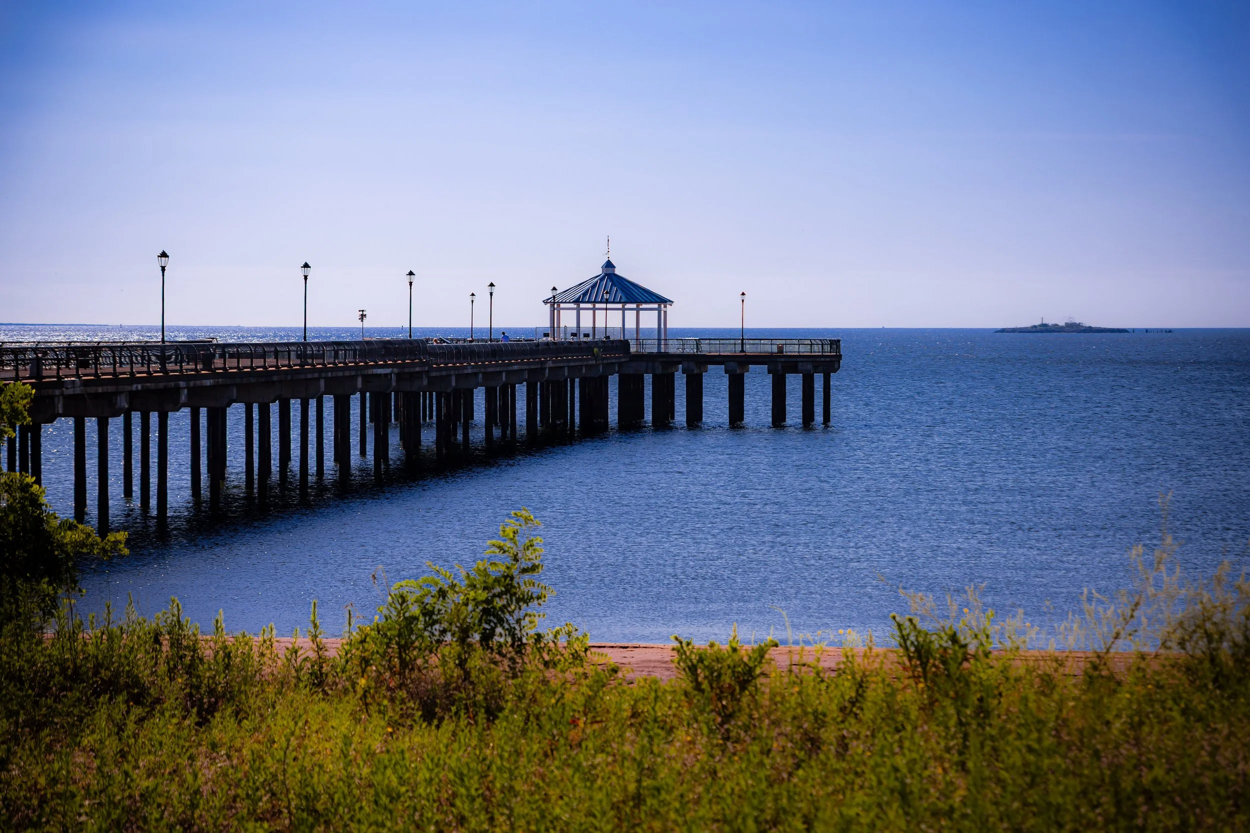 A pier extends into a blue ocean, with a small gazebo at the end. The sky is clear and the scene is bright, with some greenery in the foreground.