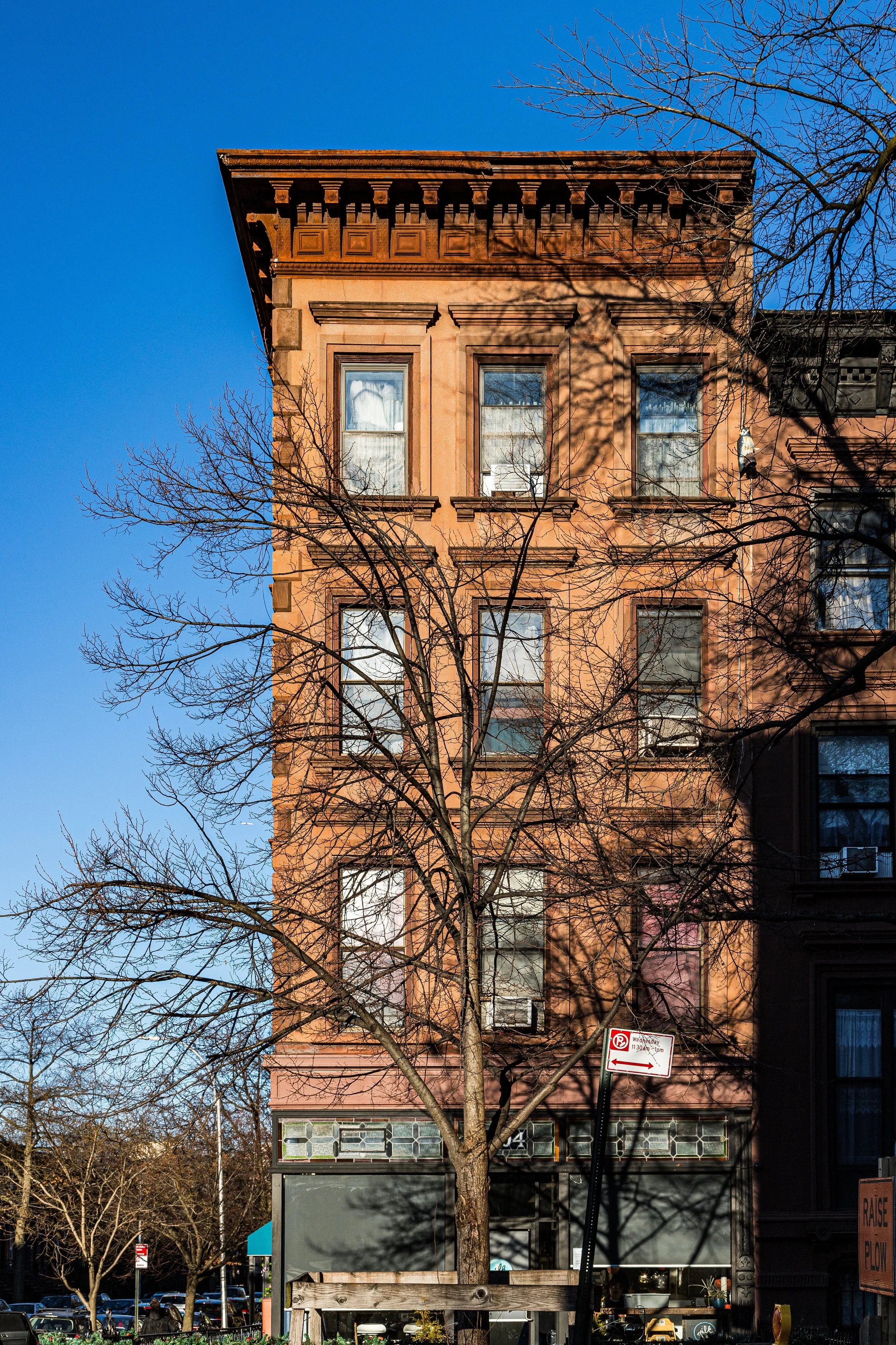 A brownstone building with four floors, featuring decorative cornices and large windows, partly obscured by a leafless tree, cast in sunlight, with a blue sky in the background.