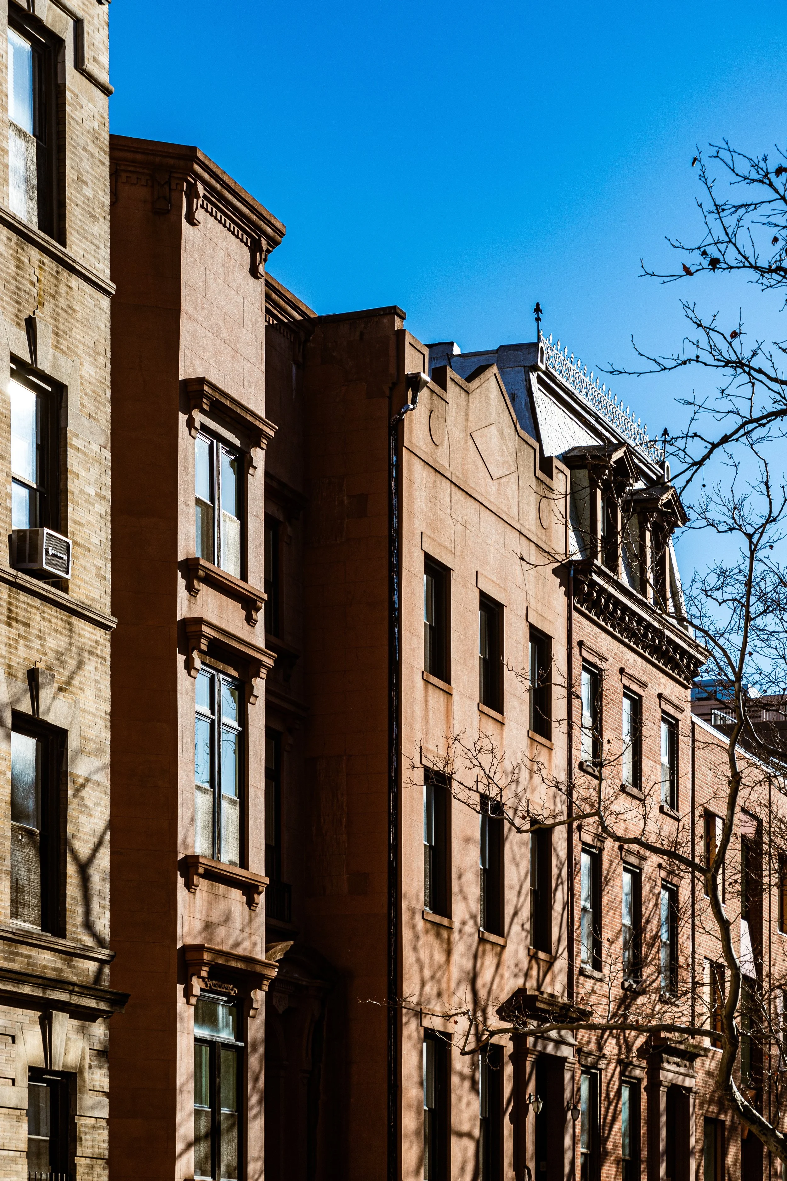 A row of old brownstone apartment buildings under a clear blue sky, with leafless trees casting shadows on the facades.