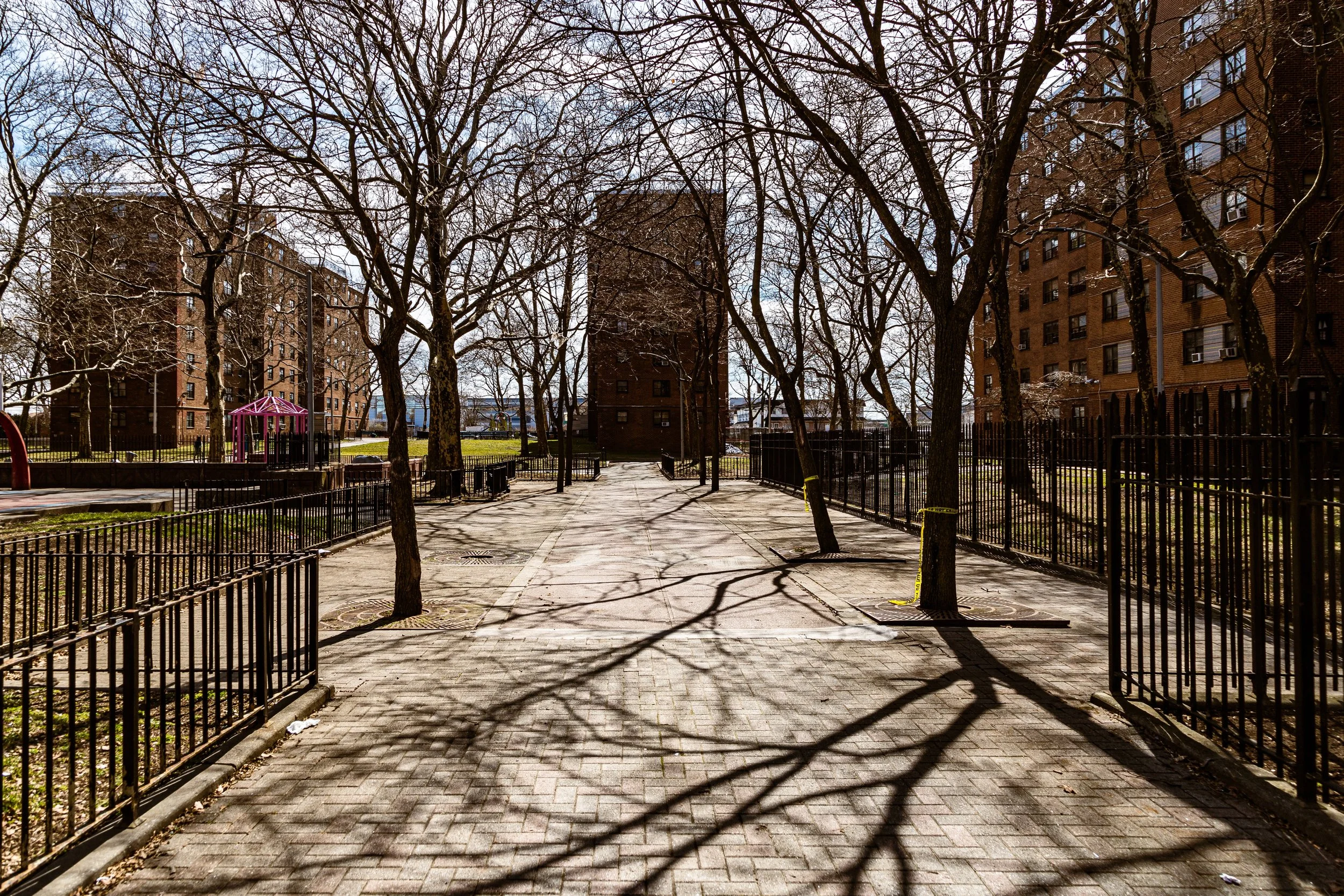An empty city park with leafless trees casting shadows on the paved walkway, surrounded by black metal fences, residential brick apartment buildings in the background, and a small pink structure in the distance.