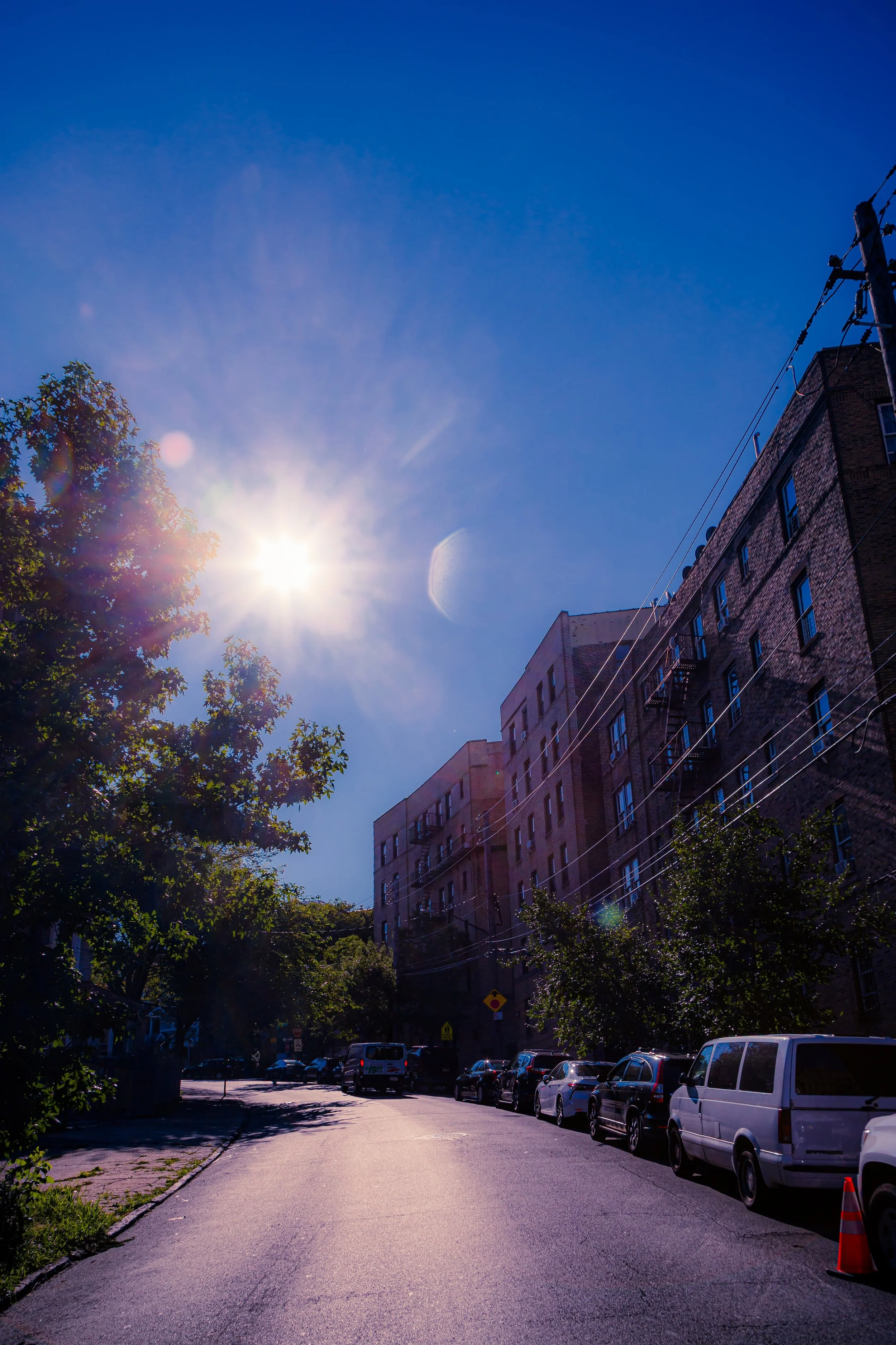 City street scene with parked cars, multi-story brick buildings, trees, and a bright sun in a clear blue sky.