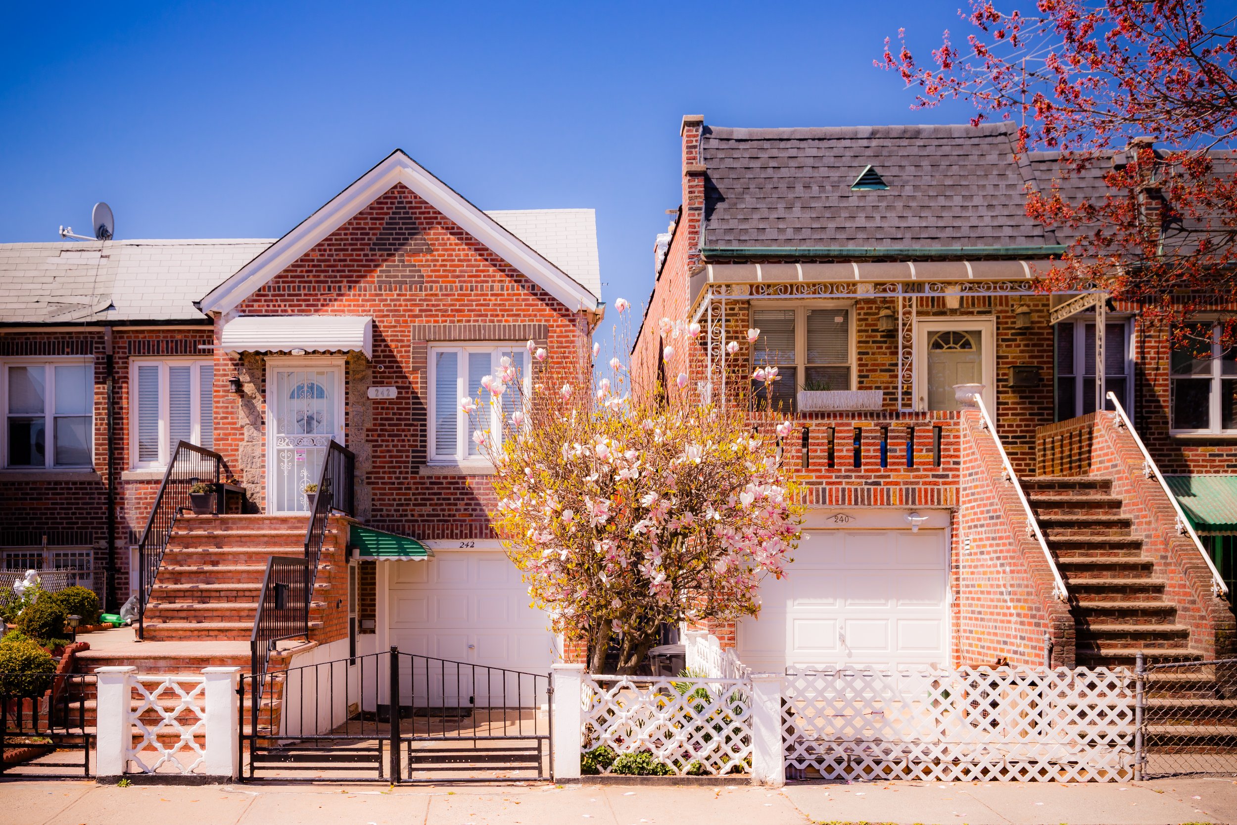 Two adjacent brick row houses with steps leading to front doors, a flowering tree in front, and a blue sky in the background.