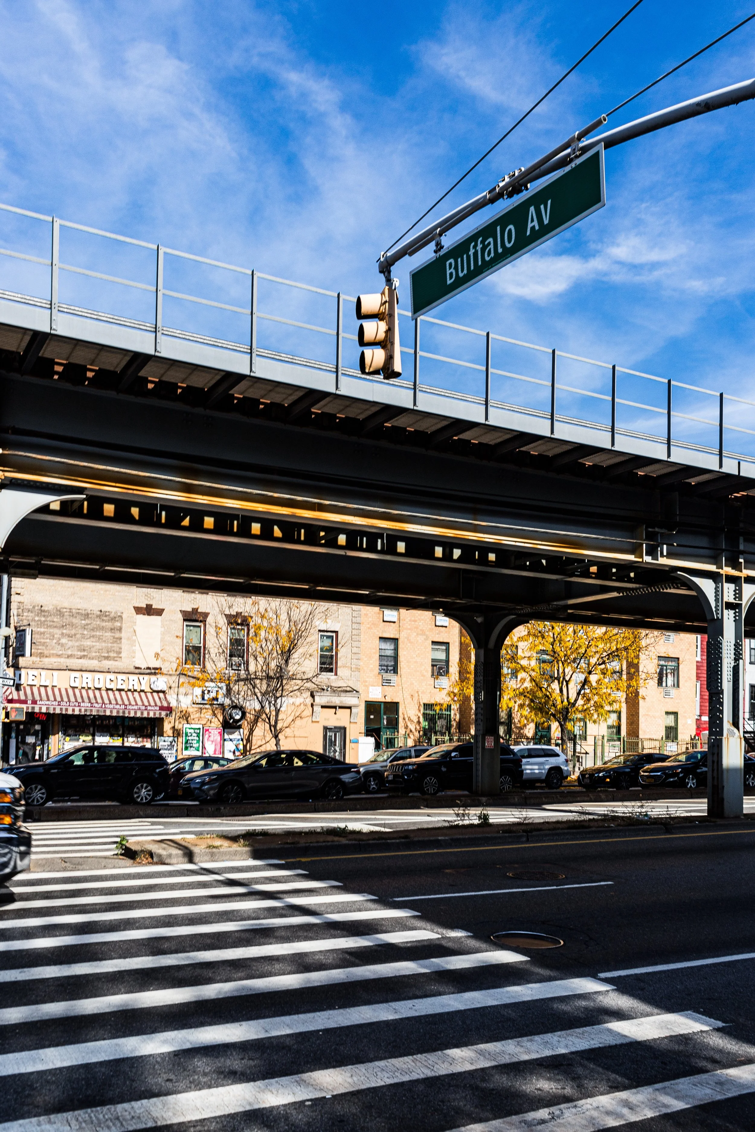 Street scene with an elevated railway track, a traffic light, a green street sign reading Buffalo Ave, and a row of parked cars on a sunny day with a clear blue sky and autumn trees.