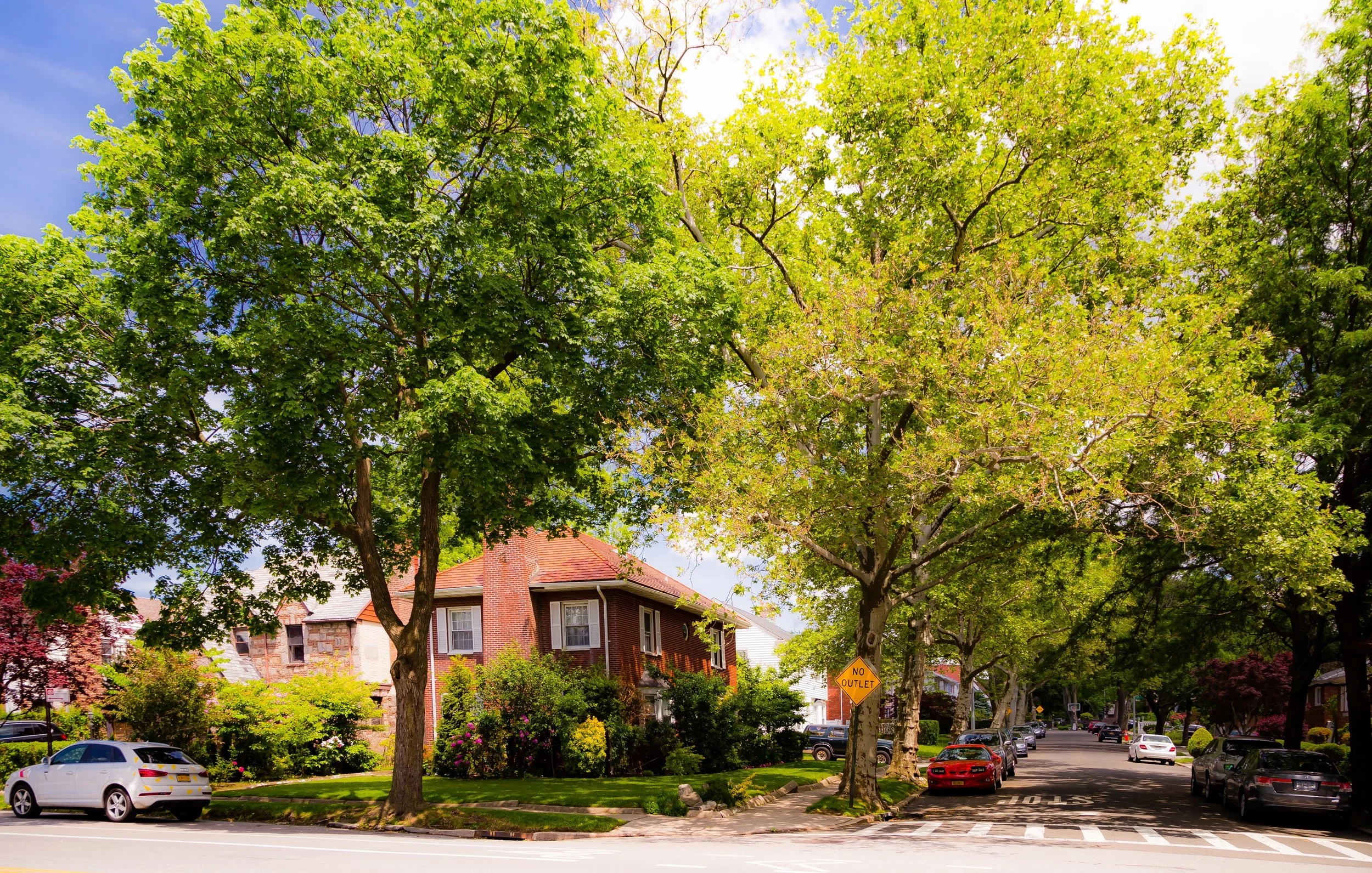 Residential street with large green-leafed trees, brick houses, parked cars, and a yellow no outlet sign.