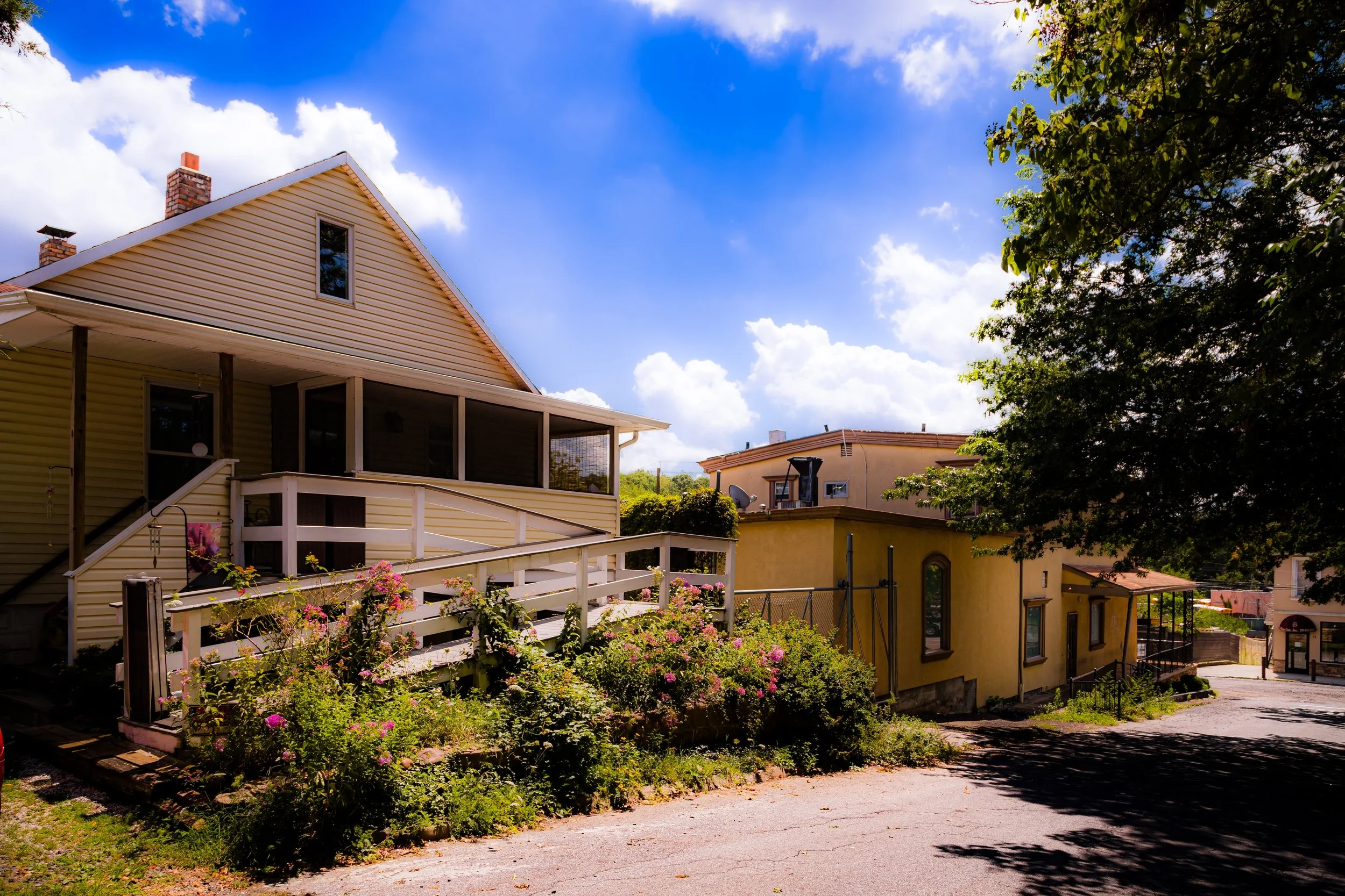 Colorful houses on a hilly street with lush greenery, pink flowers, and a bright blue sky with fluffy clouds.