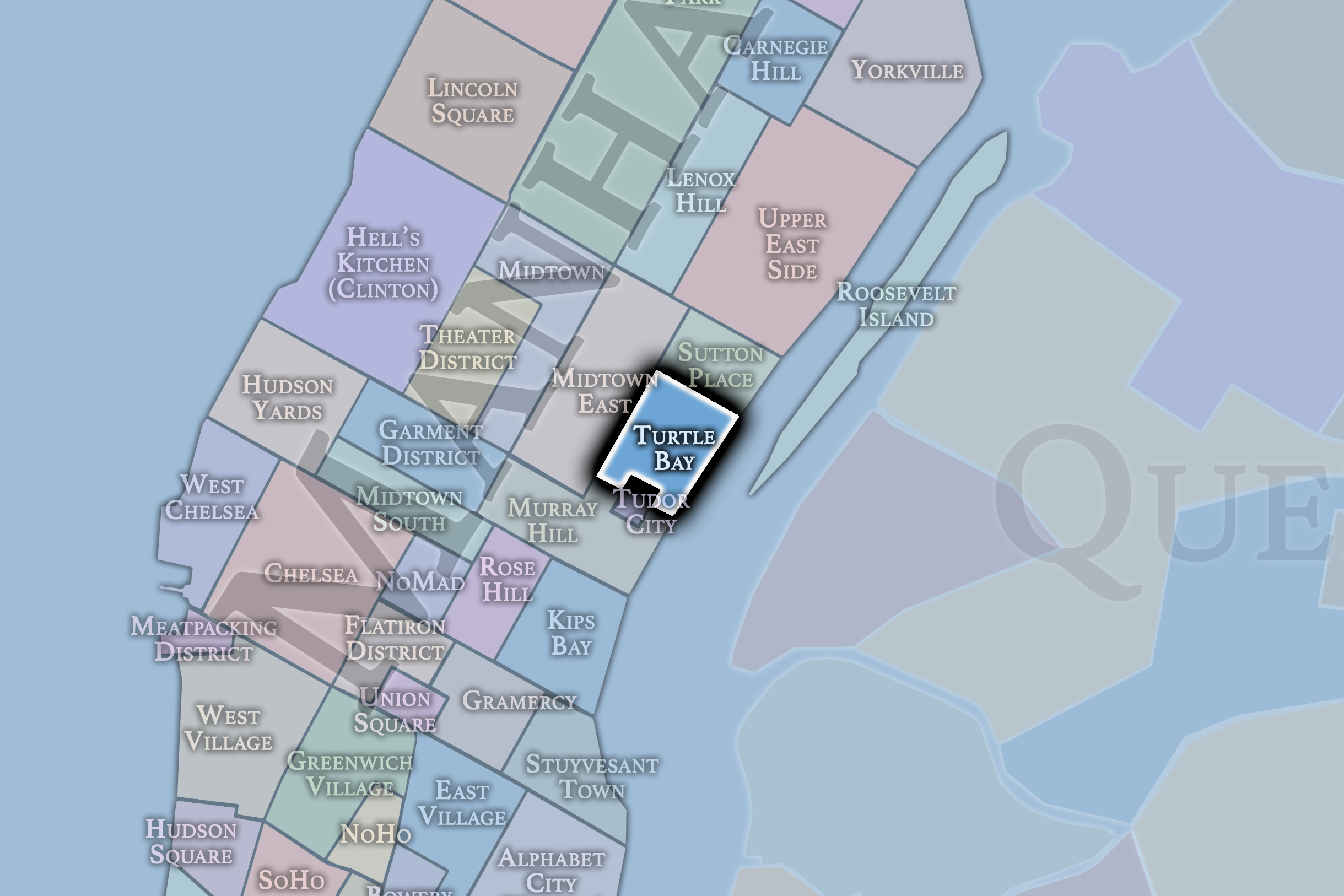 Map of New York City neighborhoods showing areas like Turtle Bay, Midtown East, and Roosevelt Island, with color coding and labels.