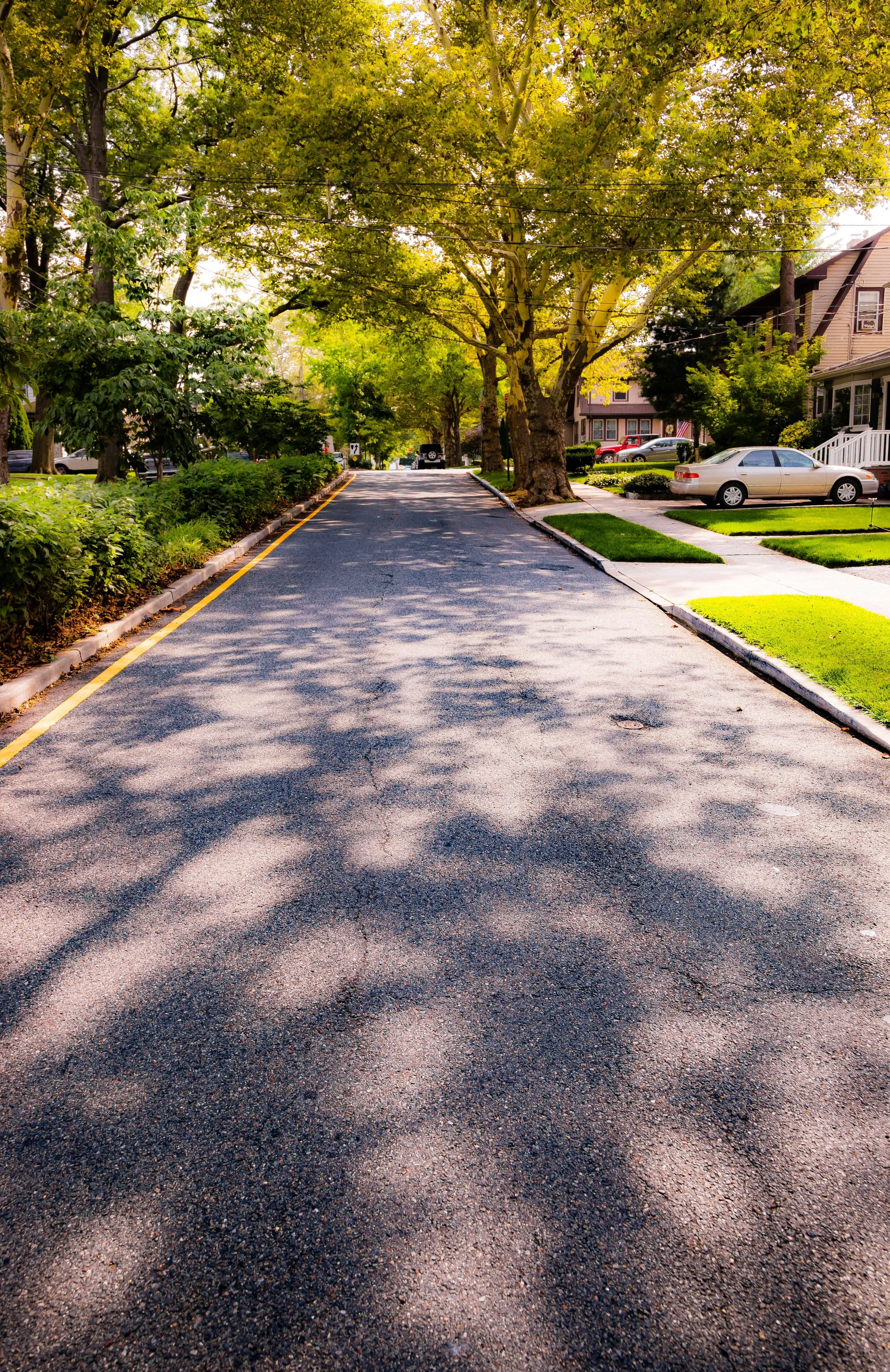 A suburban residential street viewed from the street level with trees casting shadows on the asphalt road, houses on the right with front lawns, and cars parked along the curb.