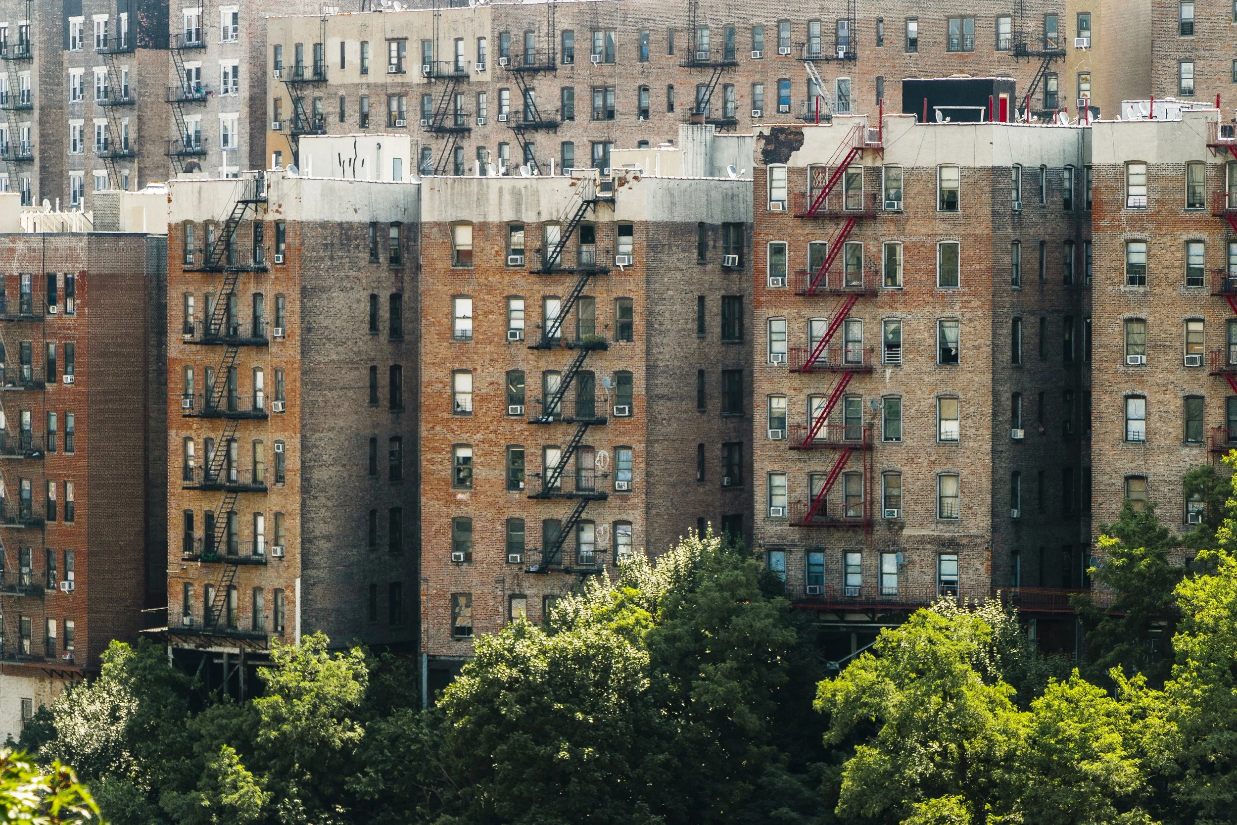 Multiple brick apartment buildings with fire escapes, surrounded by green trees.