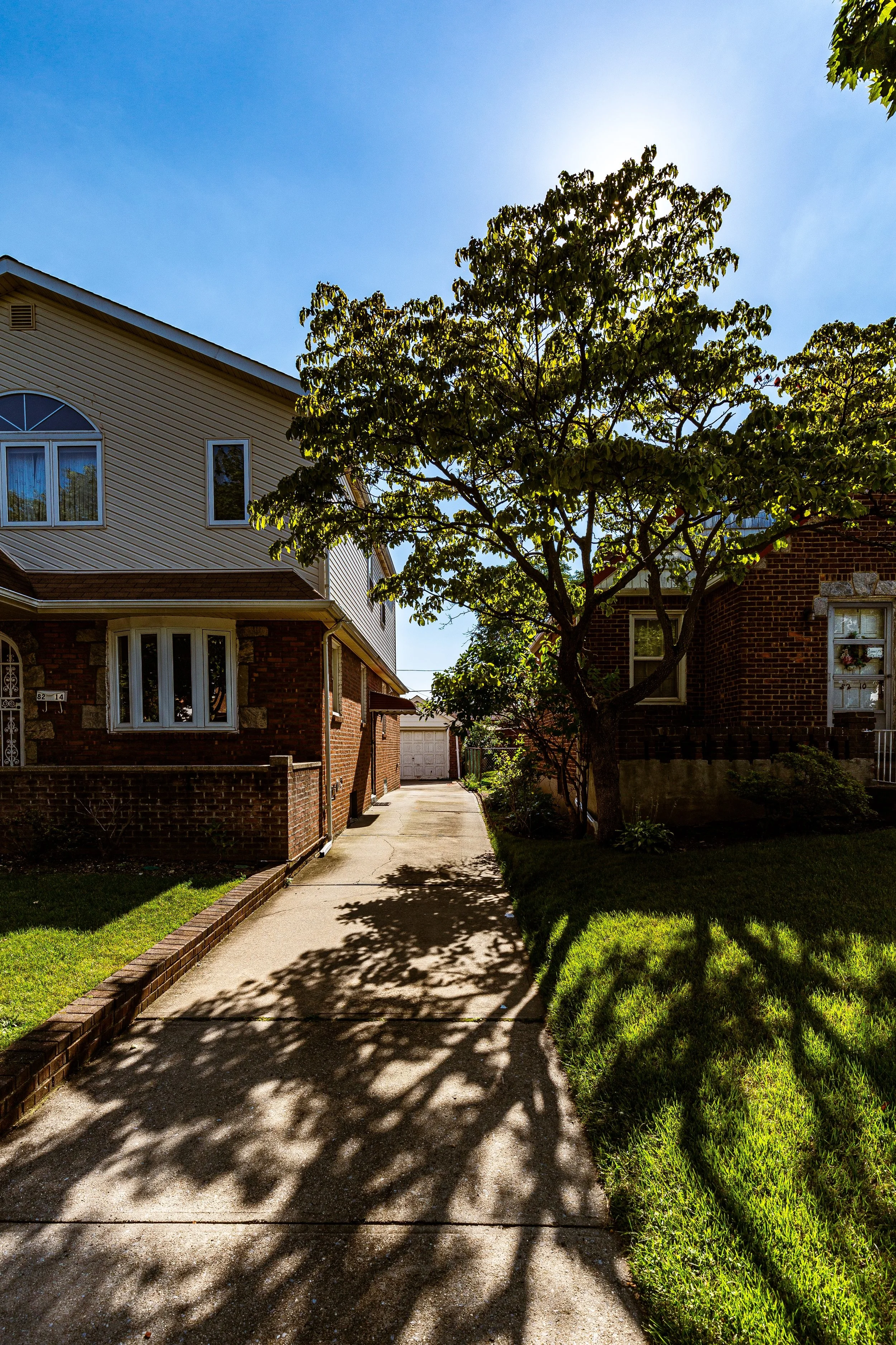 Sunlit alleyway with shadow of a large tree cast on the sidewalk between two residential brick houses with trees and green lawns.