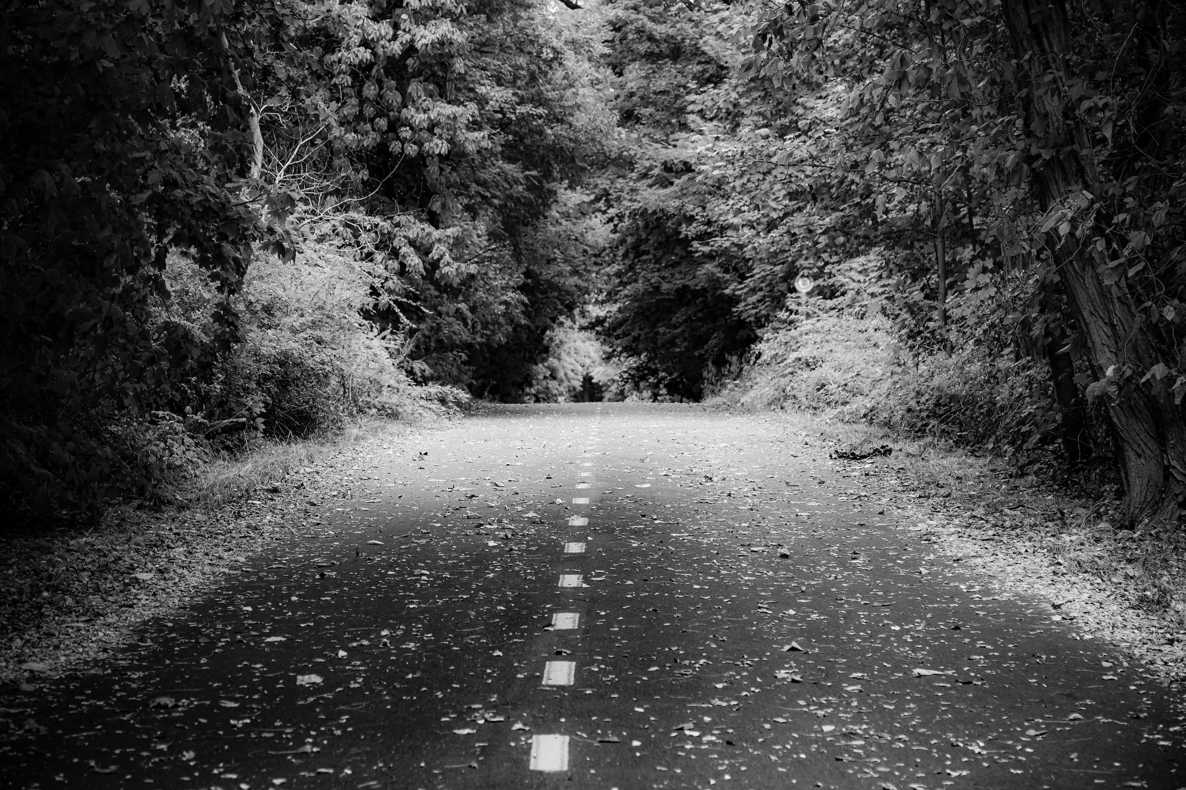 A black and white photo of a person walking through a narrow alleyway at night, with buildings on both sides, graffiti on the wall, and bright light illuminating the background.