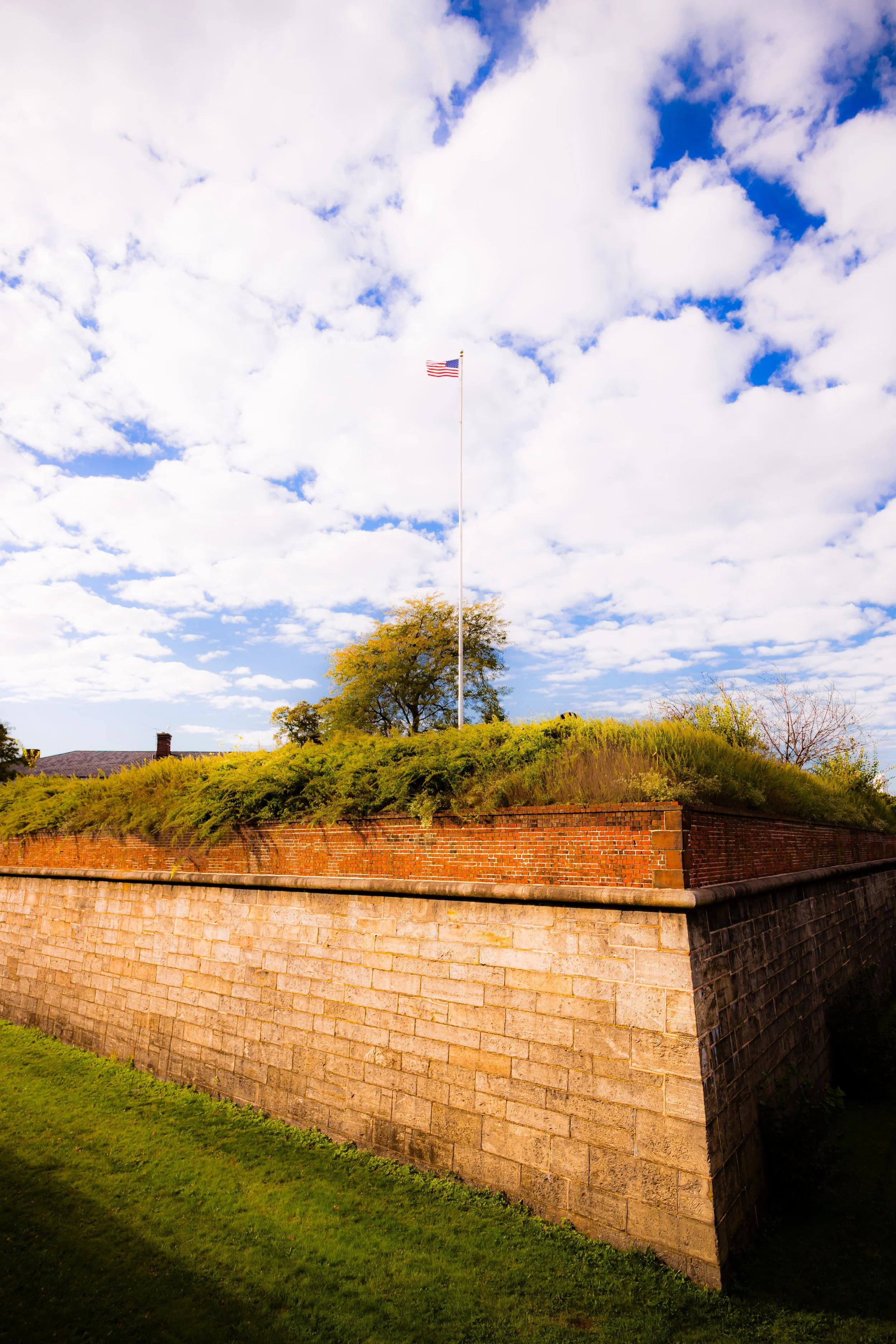 American flag flying on a tall flagpole on a grassy hill with shrubs and trees, under a partly cloudy sky.
