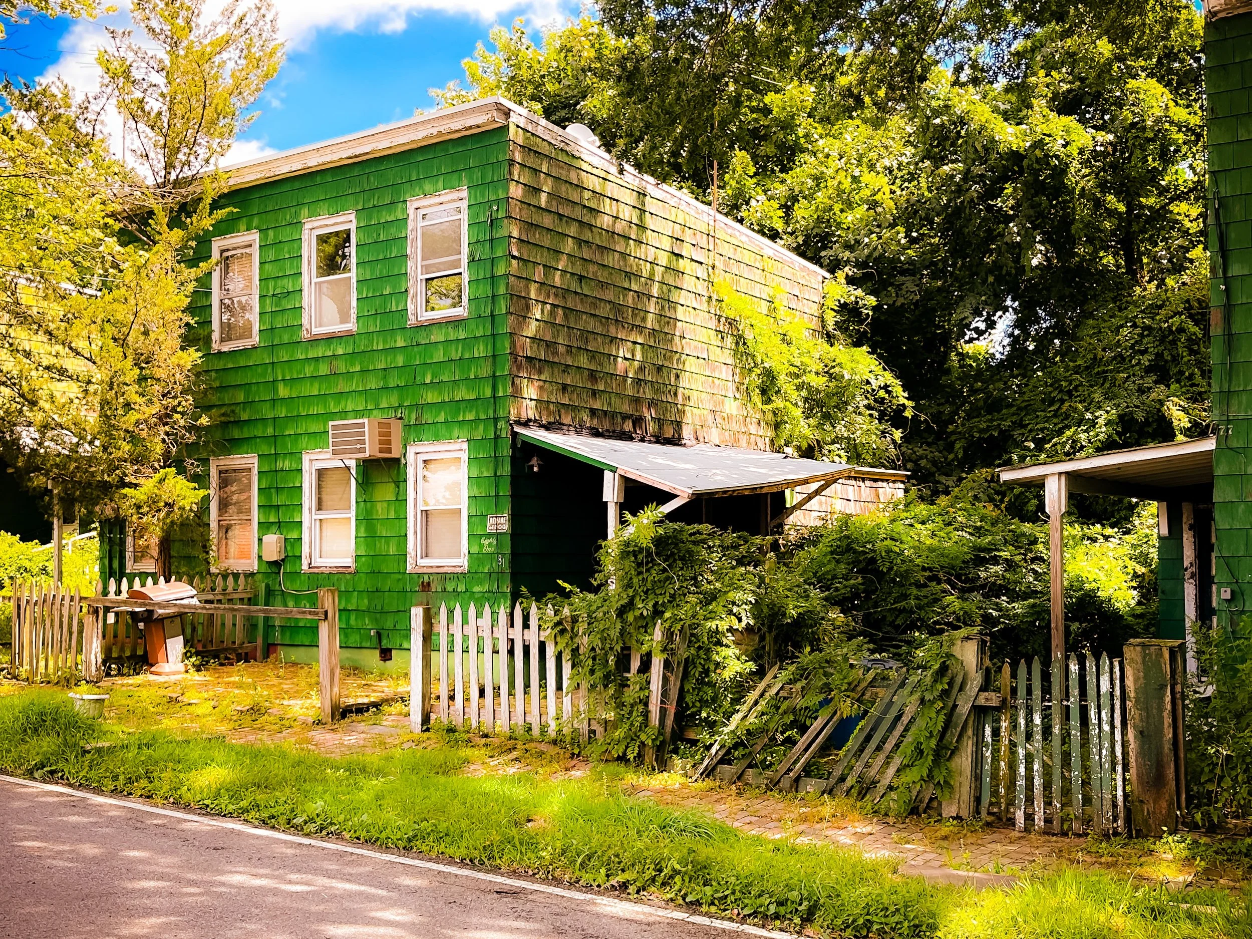 A green, weathered two-story house with peeling paint and overgrown bushes, situated next to a fence with plants encroaching on the yard.