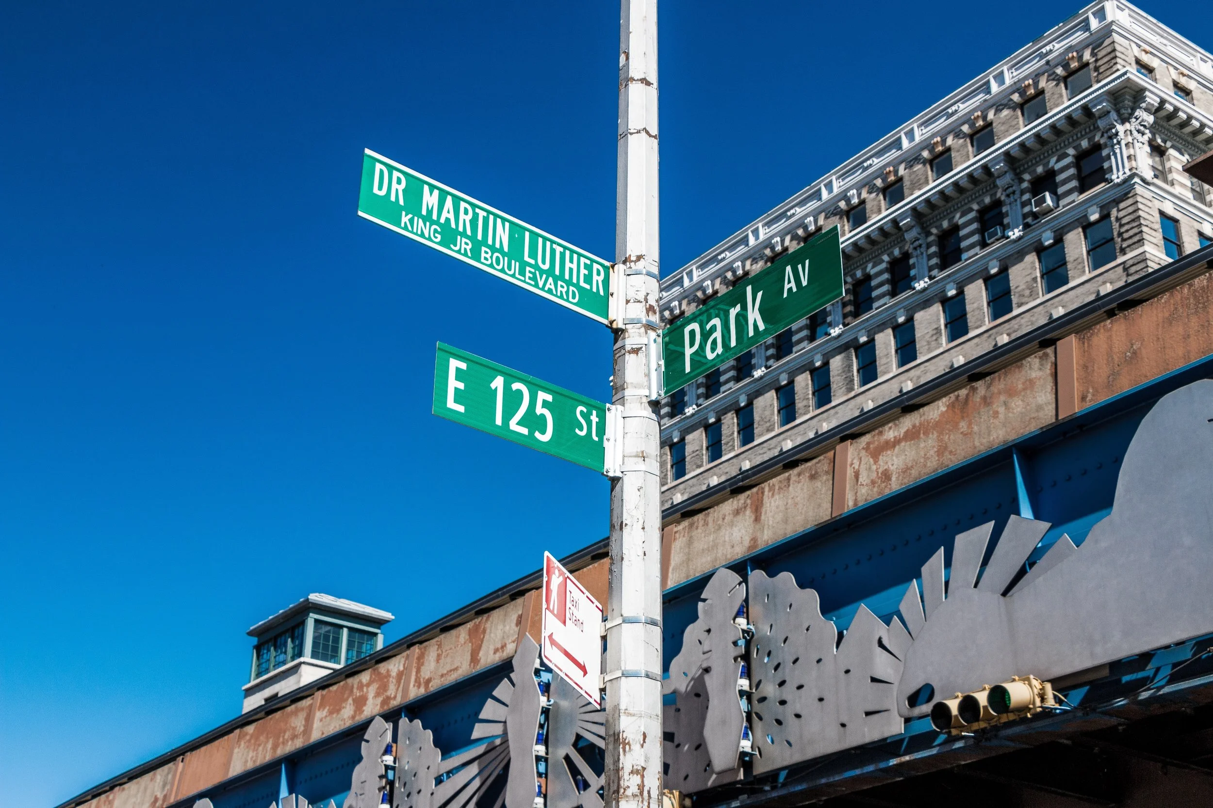Street sign at the intersection of Dr. Martin Luther King Jr. Boulevard, Park Avenue, and East 125th Street in New York City.