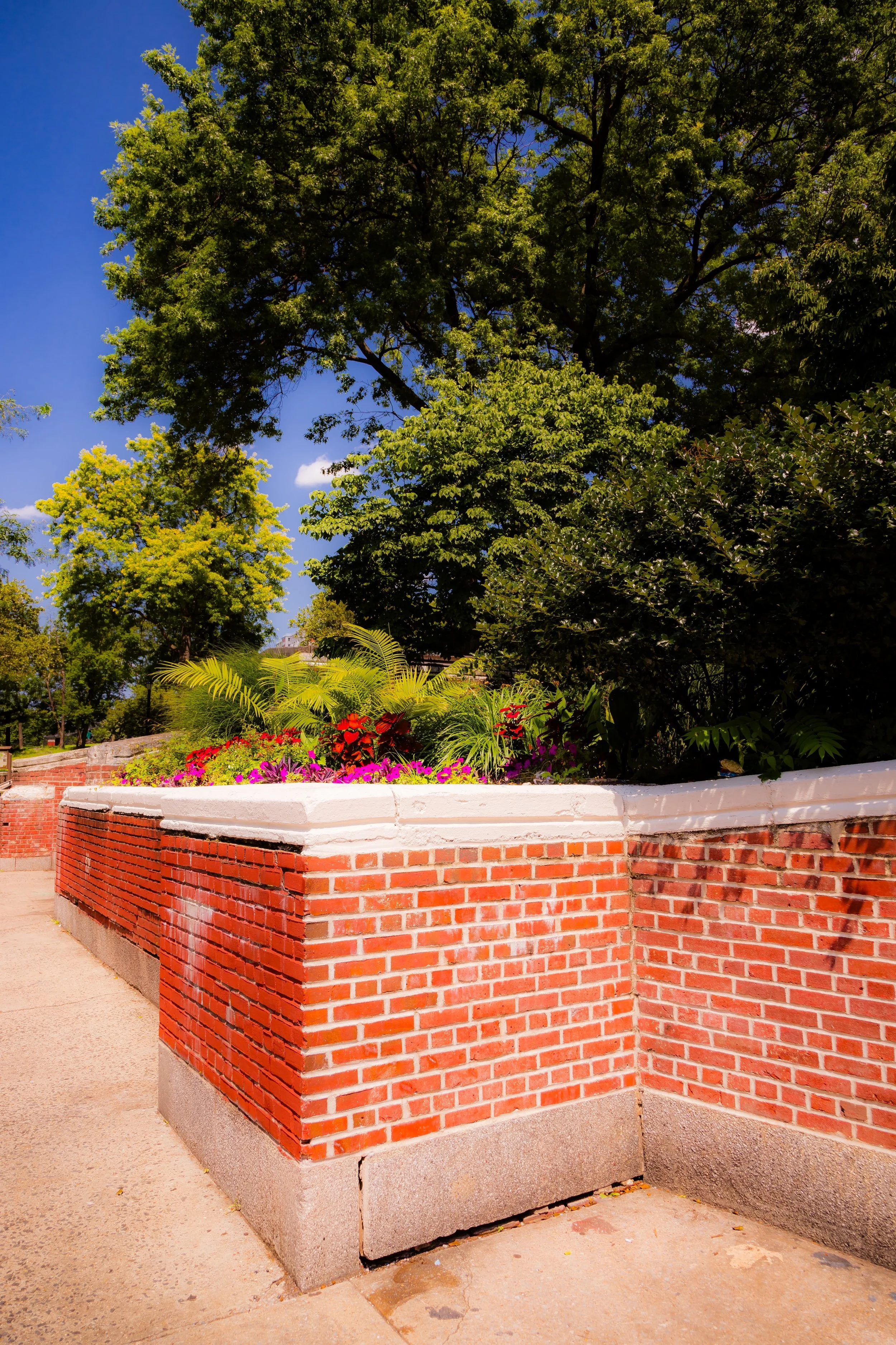A brick raised flower bed with colorful flowers and green plants, with trees and a bright blue sky in the background.