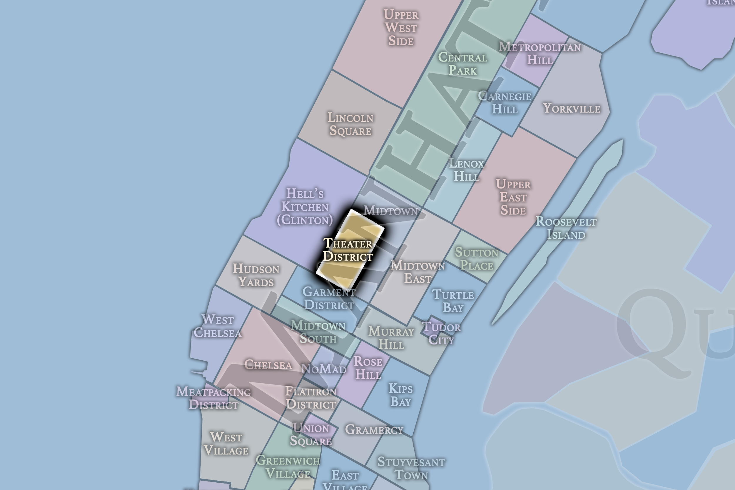 Colored map of Manhattan highlighting the Theater District in bold and a black marker.