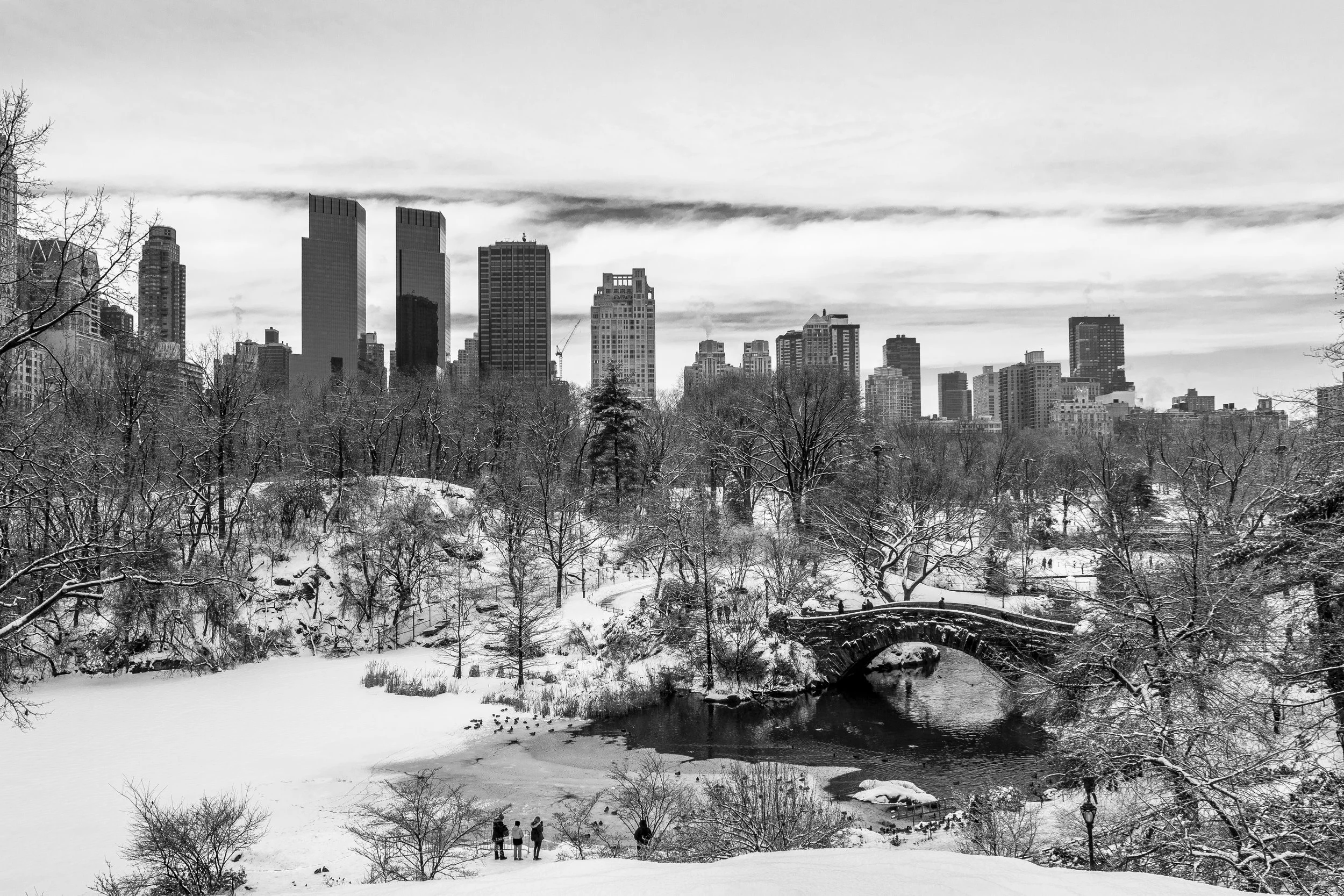 A snowy park with a small arched stone bridge over a frozen pond, surrounded by trees and with a city skyline of tall buildings in the background.