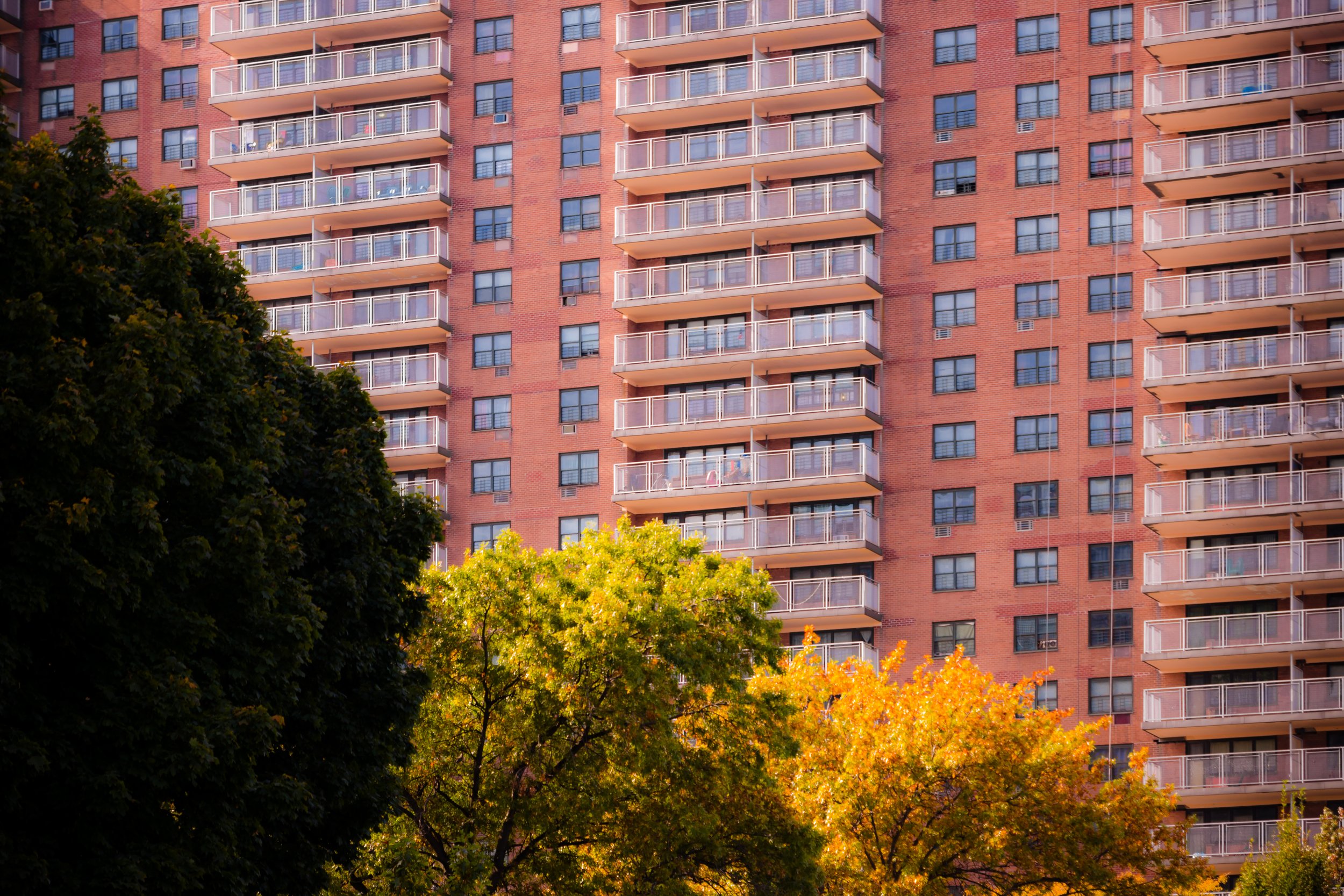 A tall brick apartment building with multiple balconies and windows, surrounded by green and orange trees.