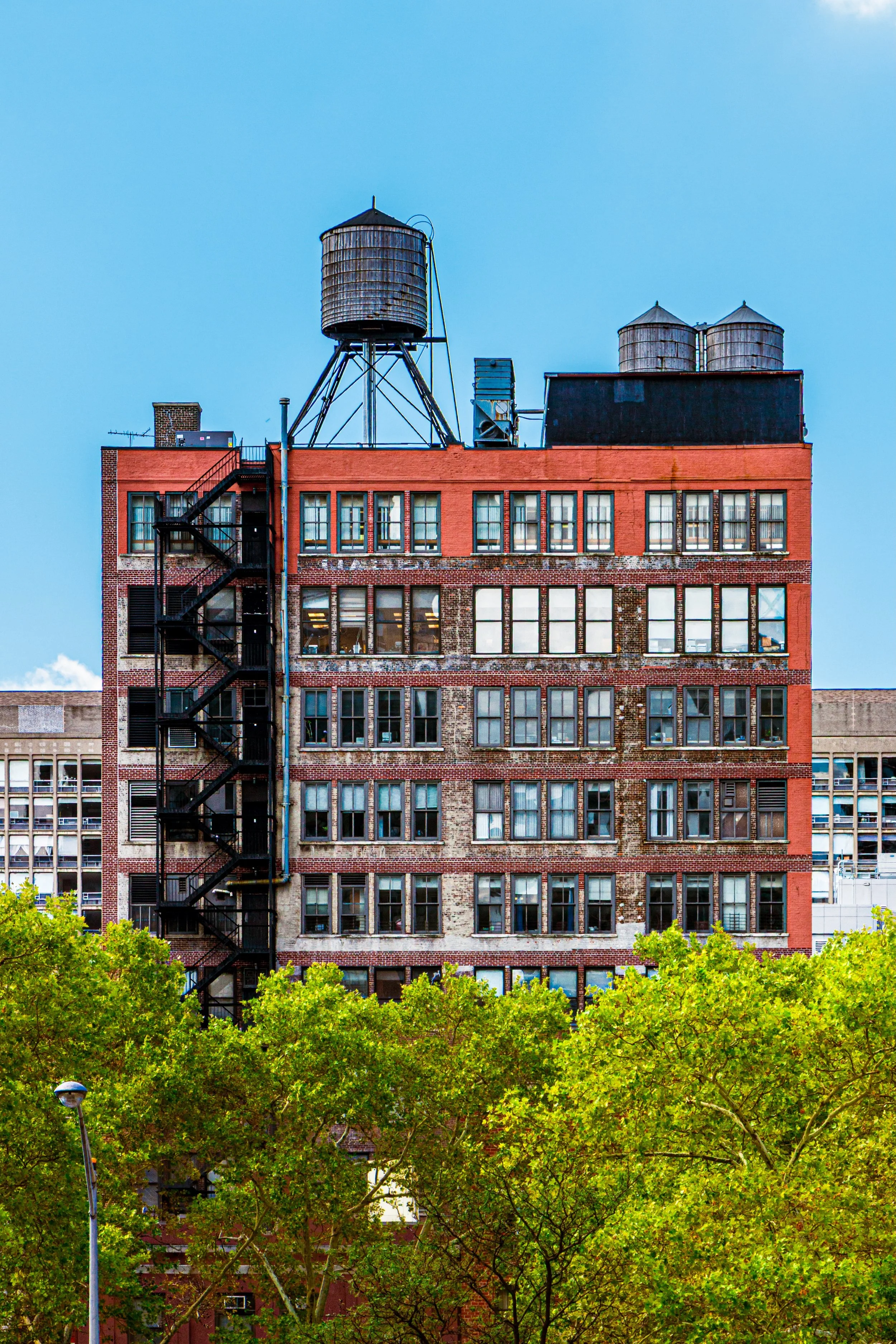 A multi-story brick building with rooftop water towers, an exterior fire escape on the left side, and green trees in the foreground.