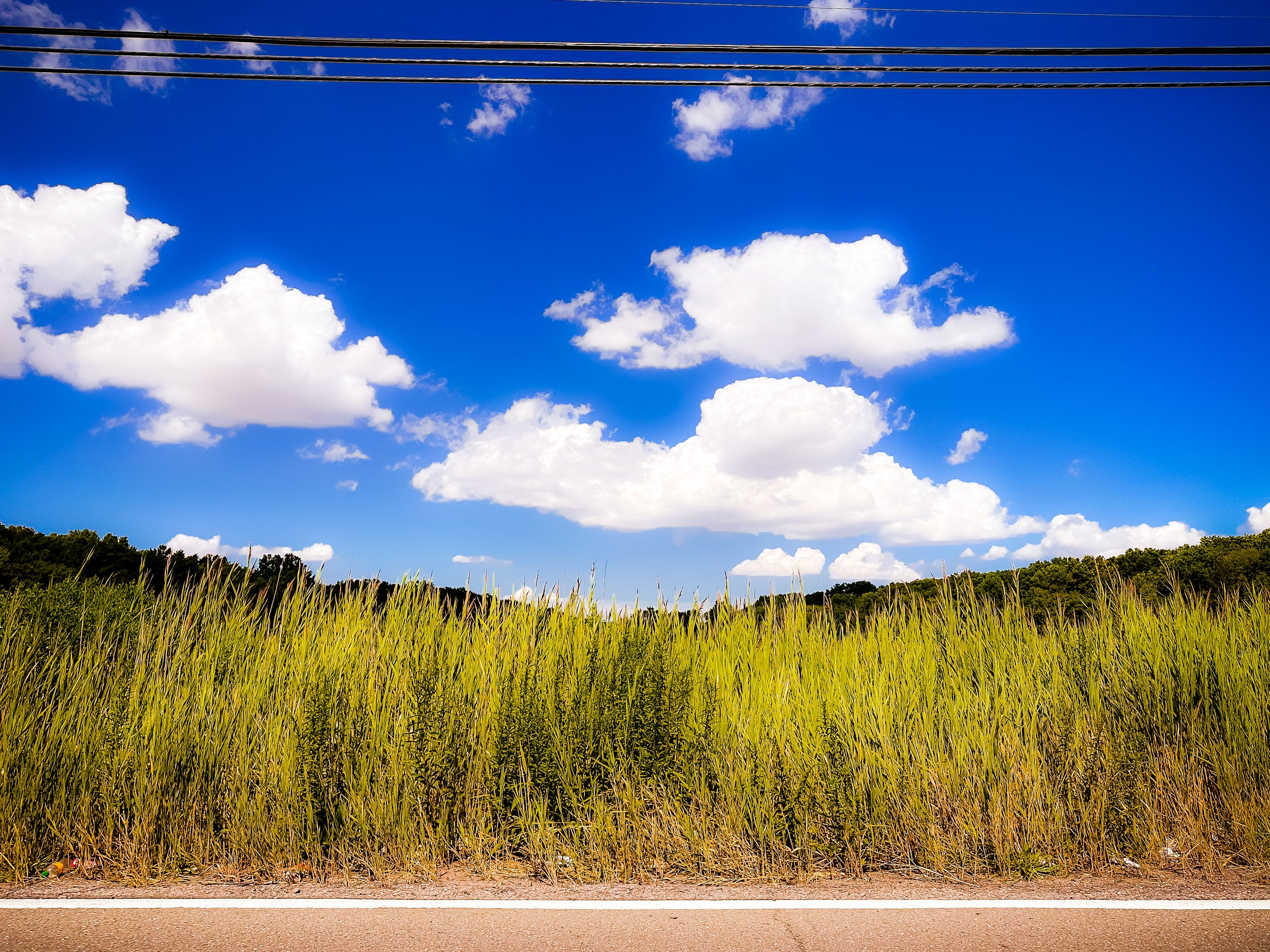 Open road beside a grassy field under a blue sky with scattered white clouds.
