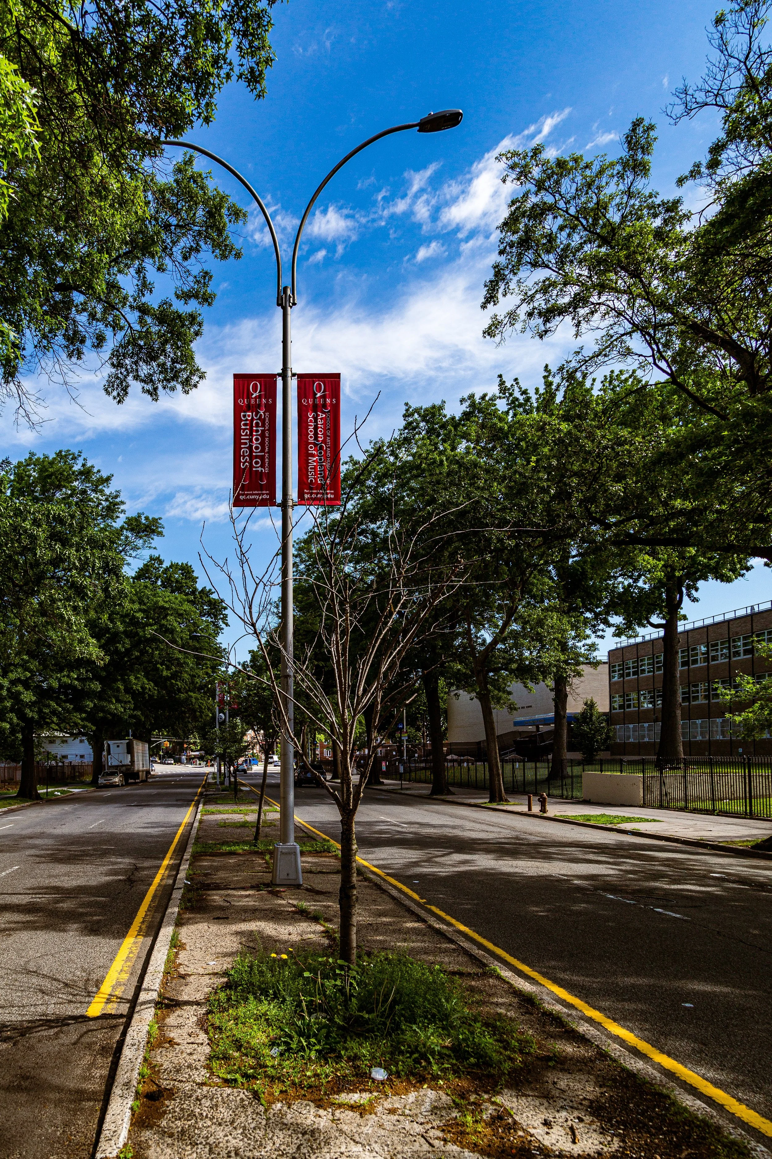 A street lined with green trees, with a streetlamp holding a red banner for Queens School of Business at Queens University. The sky overhead is blue with scattered clouds.