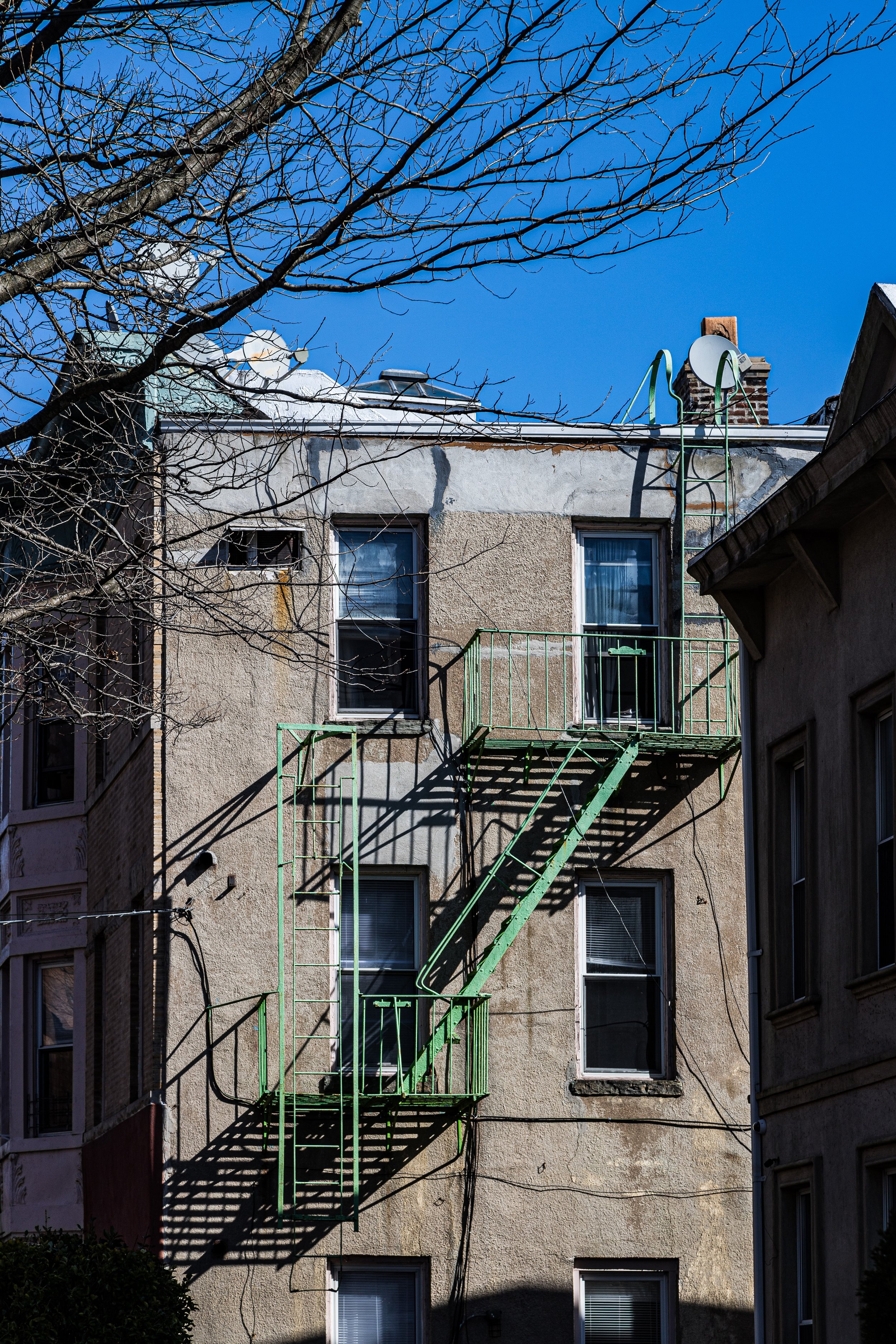 An old beige apartment building with a green fire escape staircase on the exterior, cast in shadow, with a leafless tree in the foreground and a clear blue sky in the background.