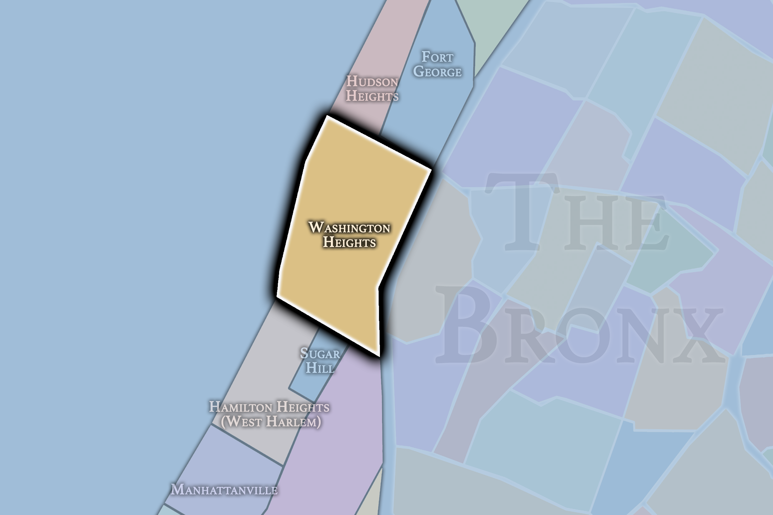Map showing neighborhoods in the Bronx, New York City, including Washington Heights, Fort George, Hudson Heights, Sugar Hill, Hamilton Heights (West Harlem), and Manhattanville.