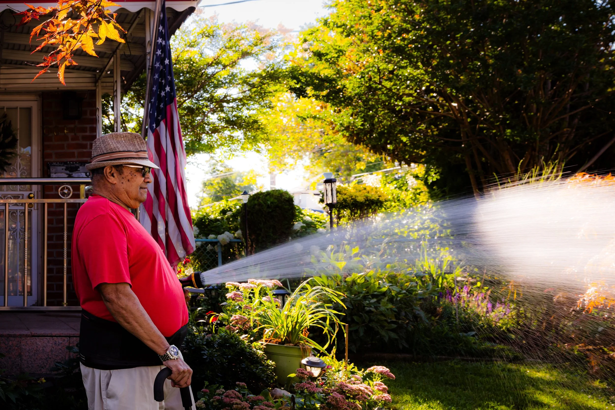 An elderly man watering his garden with a garden hose on a sunny day, standing in front of a porch with an American flag. The garden has various plants and flowers, with trees and shrubs in the background.