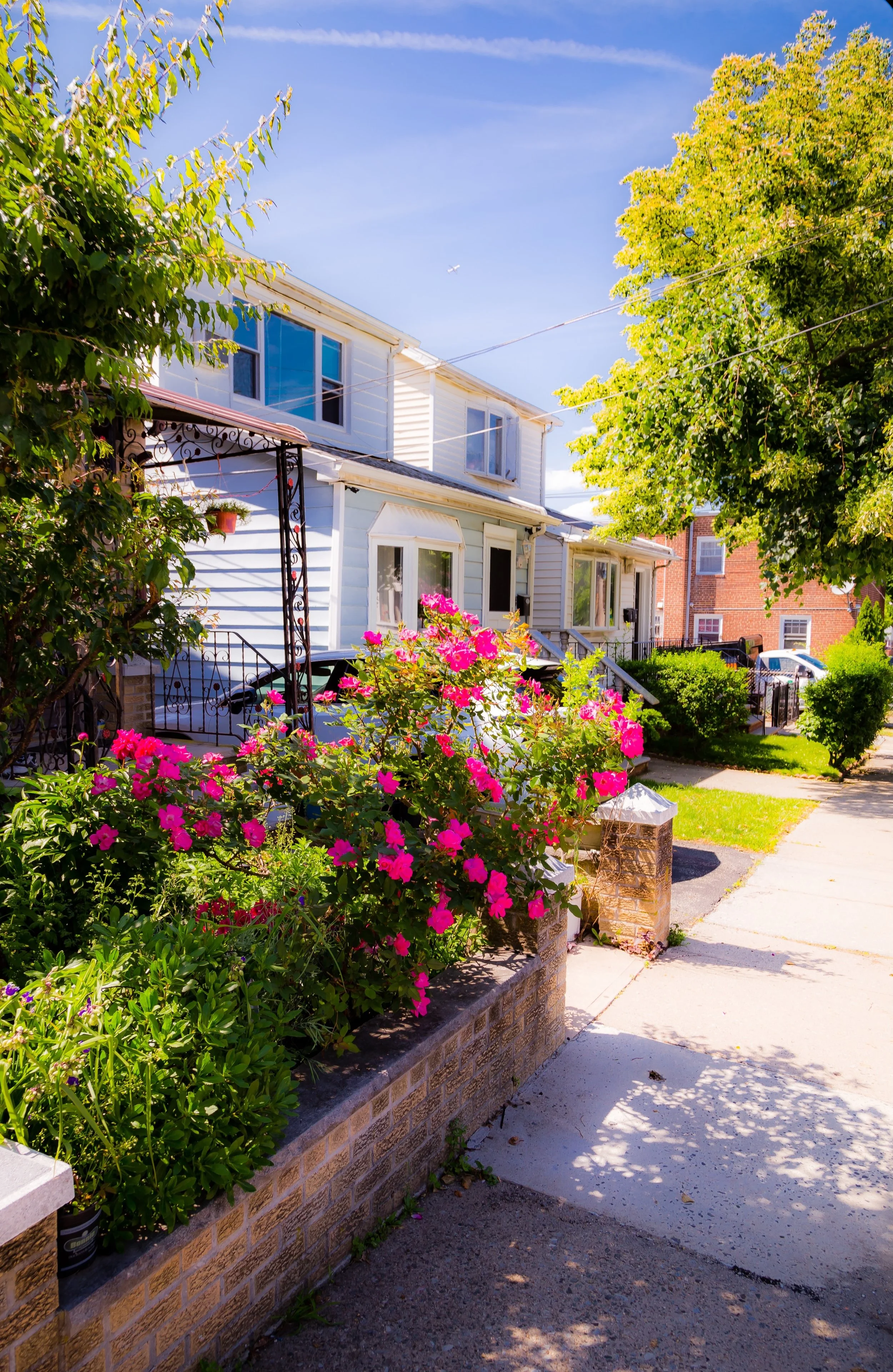 A sunny suburban street with a white two-story house, vibrant pink flowers in a brick planter, green bushes, and trees under a blue sky.