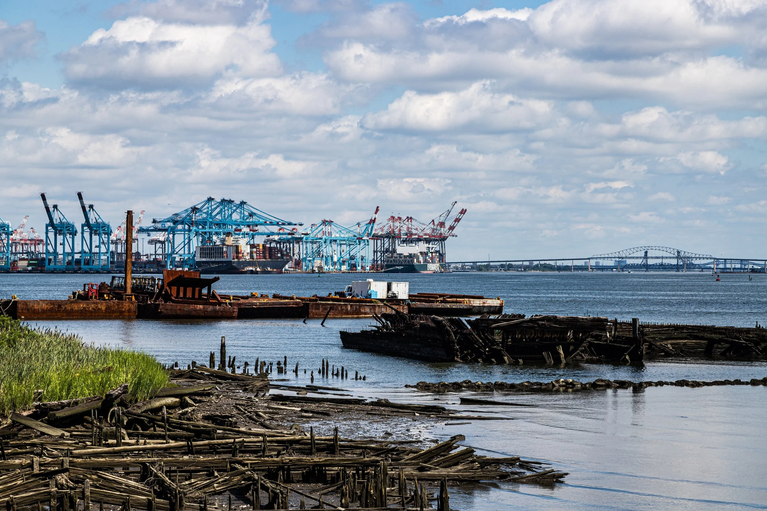 View of a harbor with abandoned shipwrecks, rusted structures, and a background of shipping cranes and a bridge under a partly cloudy sky.