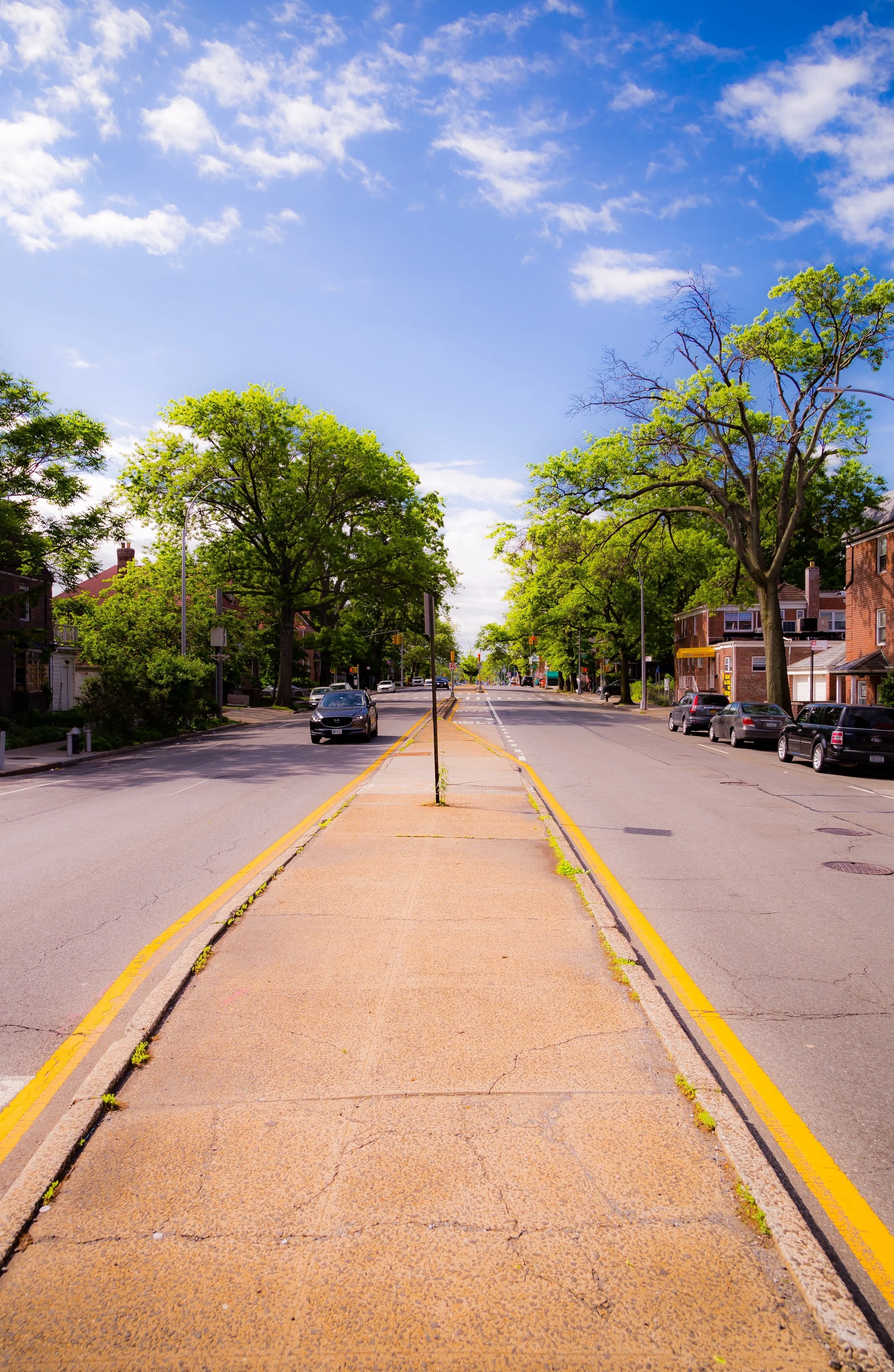 A sunny street scene with a concrete median strip, green trees lining the sidewalk, parked cars, and a blue sky with scattered clouds.