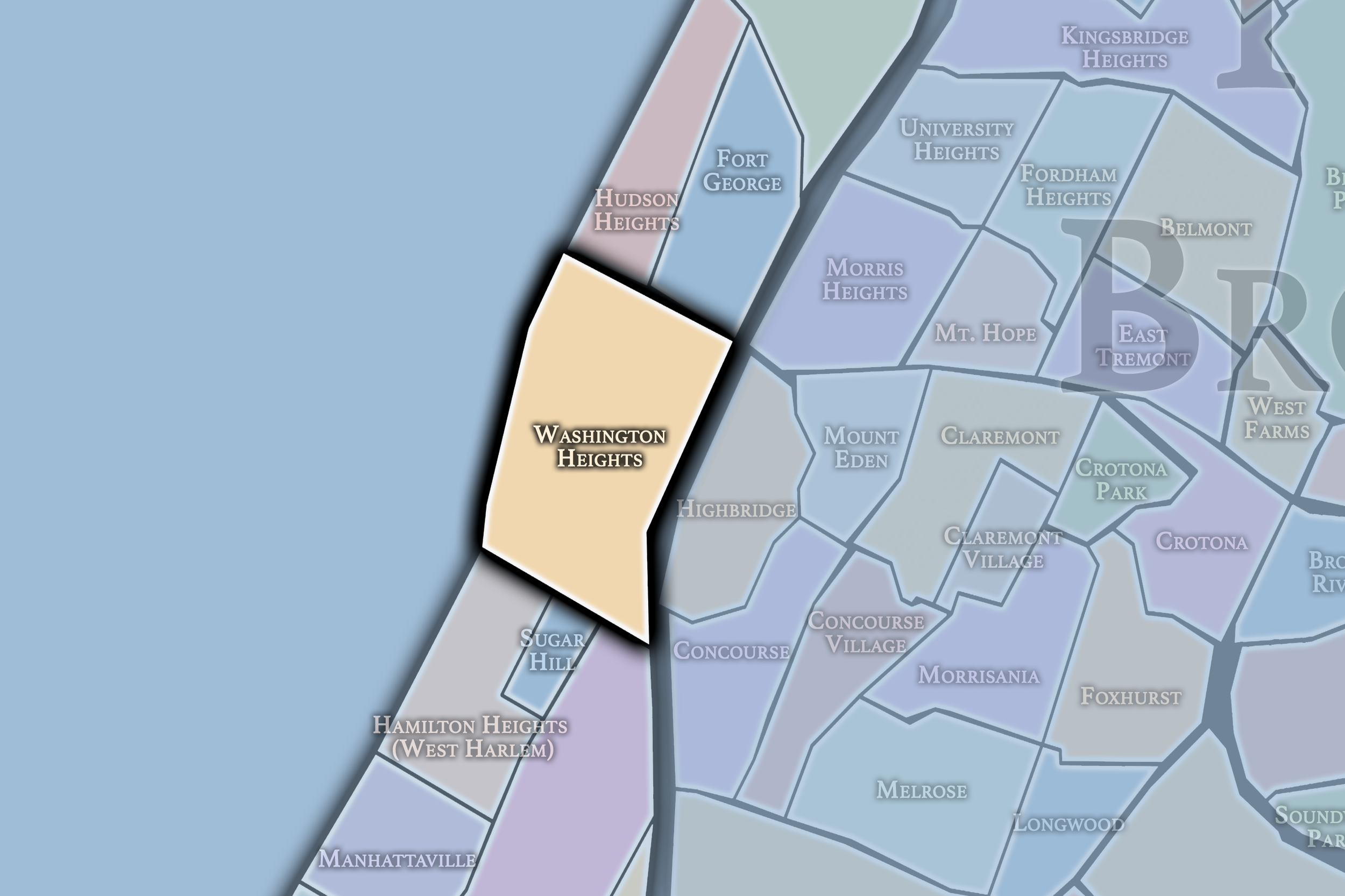 Map highlighting Washington Heights neighborhood in New York City.