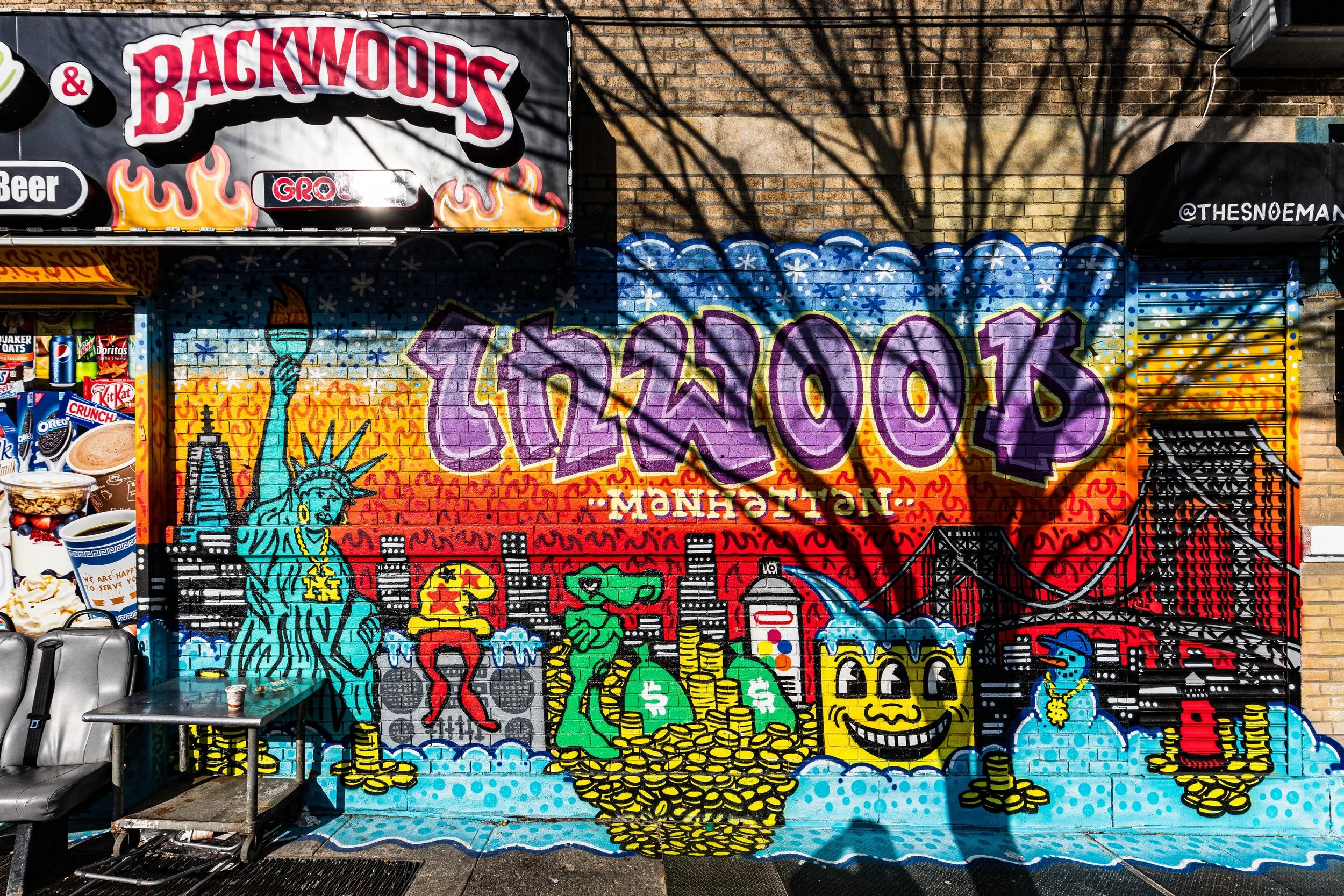 Colorful graffiti mural on brick wall depicting New York City landmarks such as the Statue of Liberty and the Brooklyn Bridge with cartoon characters, cash, and the word 'Backwoods' at the top.