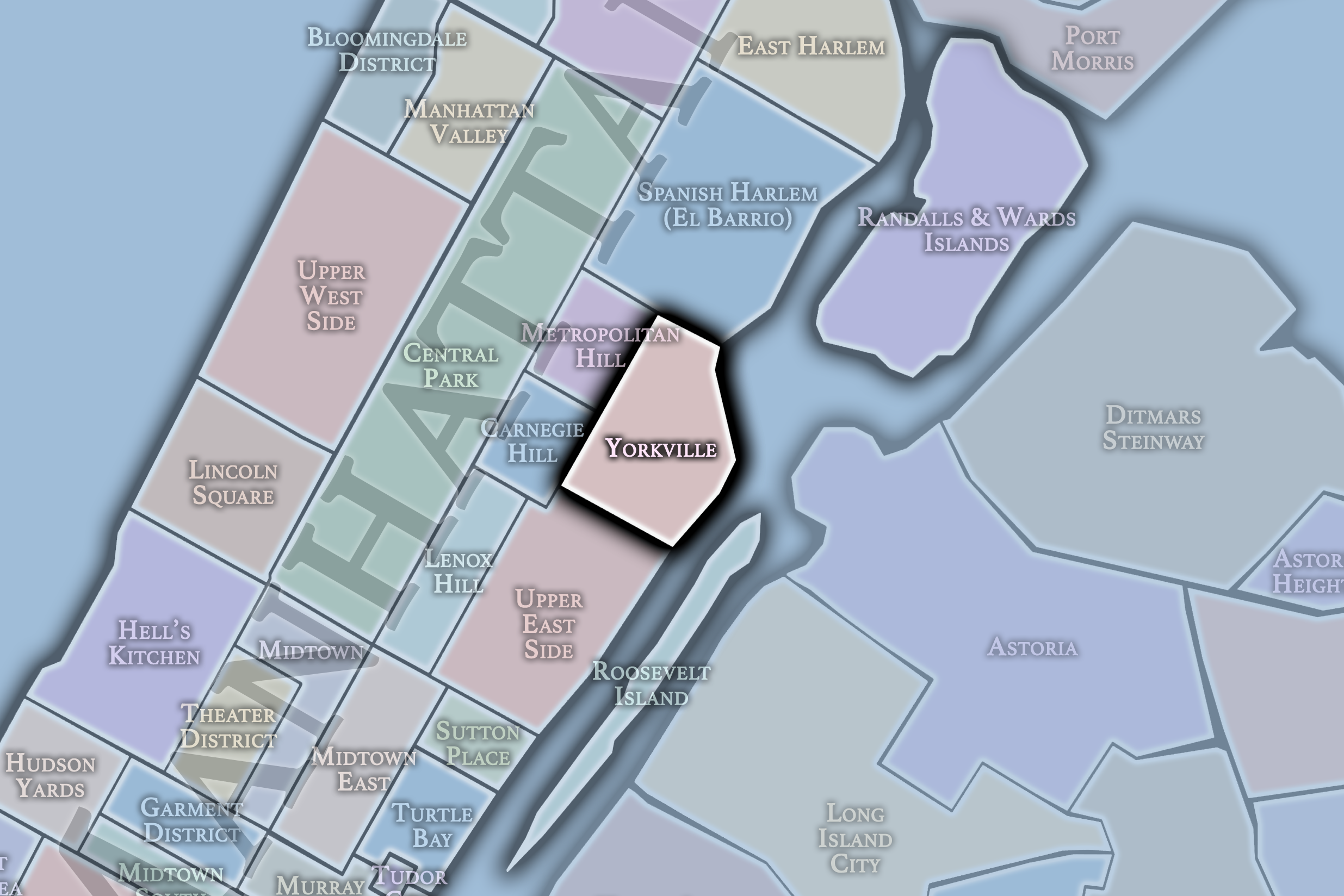 A map of New York City boroughs, highlighting neighborhoods such as Yorkville, Upper East Side, Midtown, Upper West Side, and others, with various colors indicating different areas.