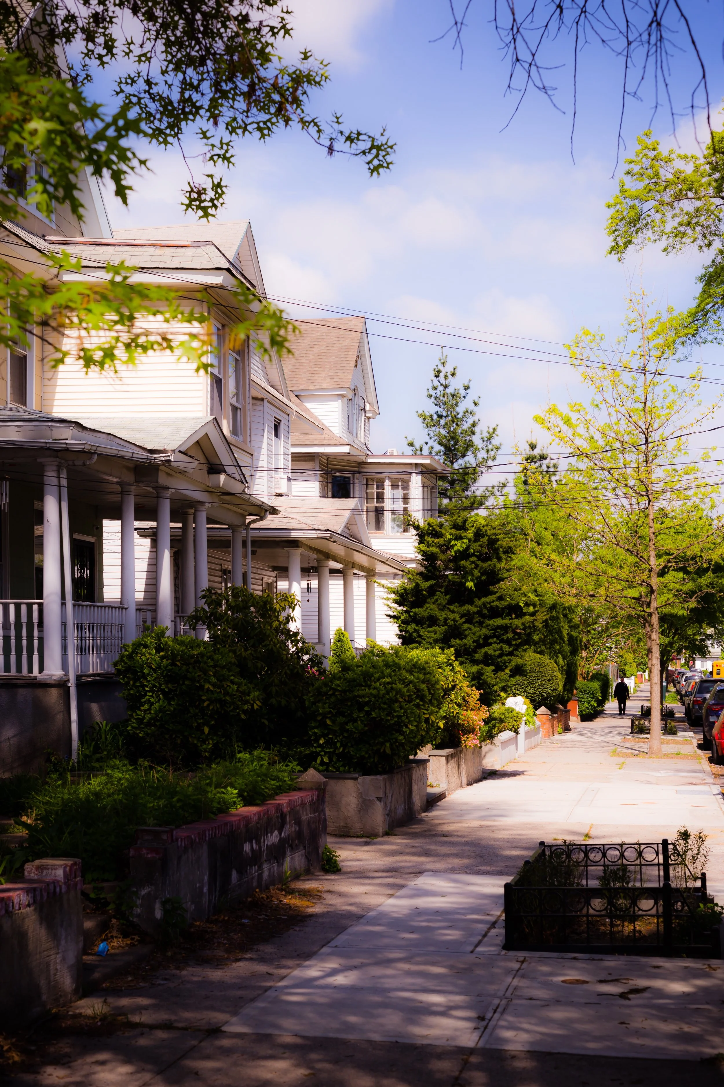 Residential street with Victorian-style houses, lush greenery, and a sidewalk with a person walking in the distance.