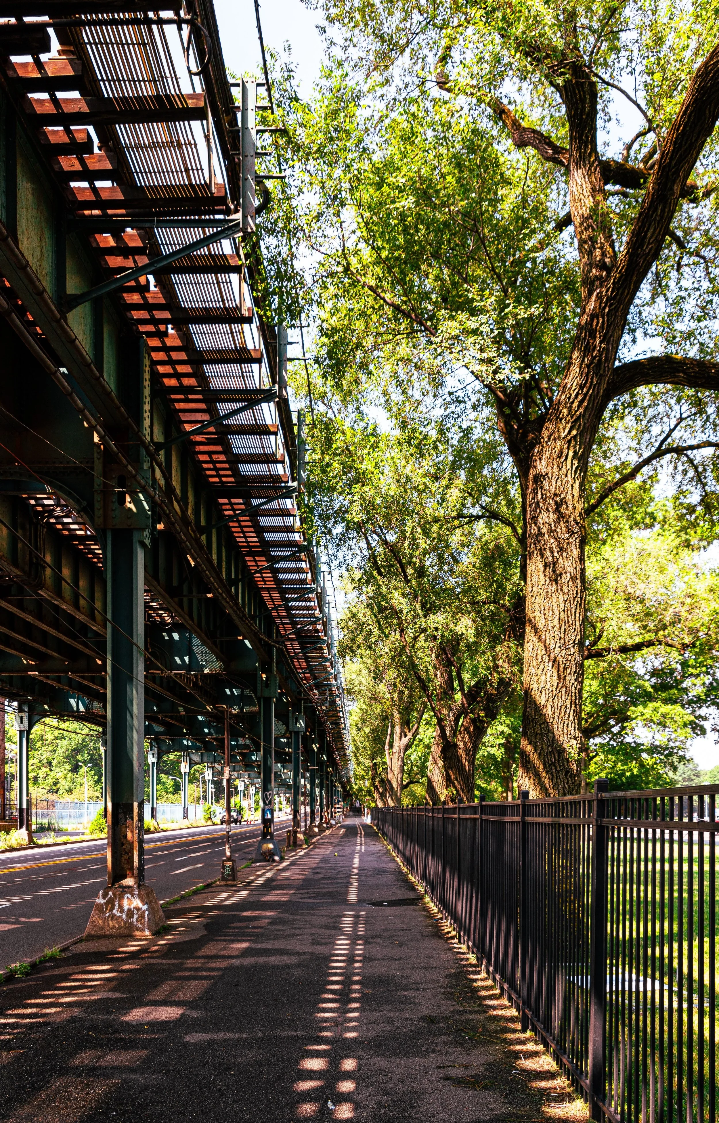A sidewalk alongside tall green trees with shadows cast on the ground, and an elevated train track or pathway overhead, supported by green metal beams, on a sunny day.