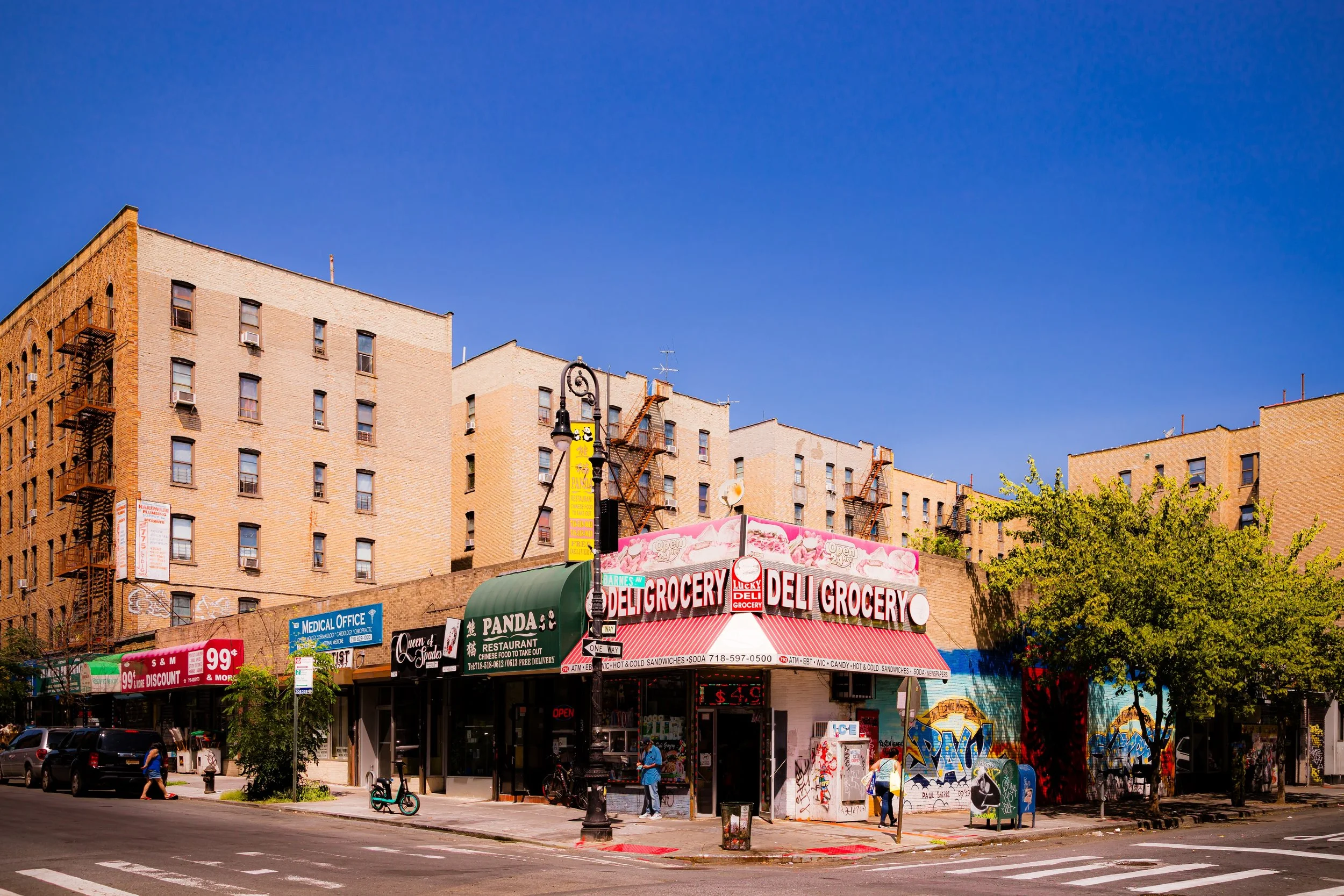 Corner grocery store with red and pink signage reading 'Deli Grocery', queenside and sidewalk graffiti art, trees, cars parked along street, and apartment buildings against a clear blue sky.