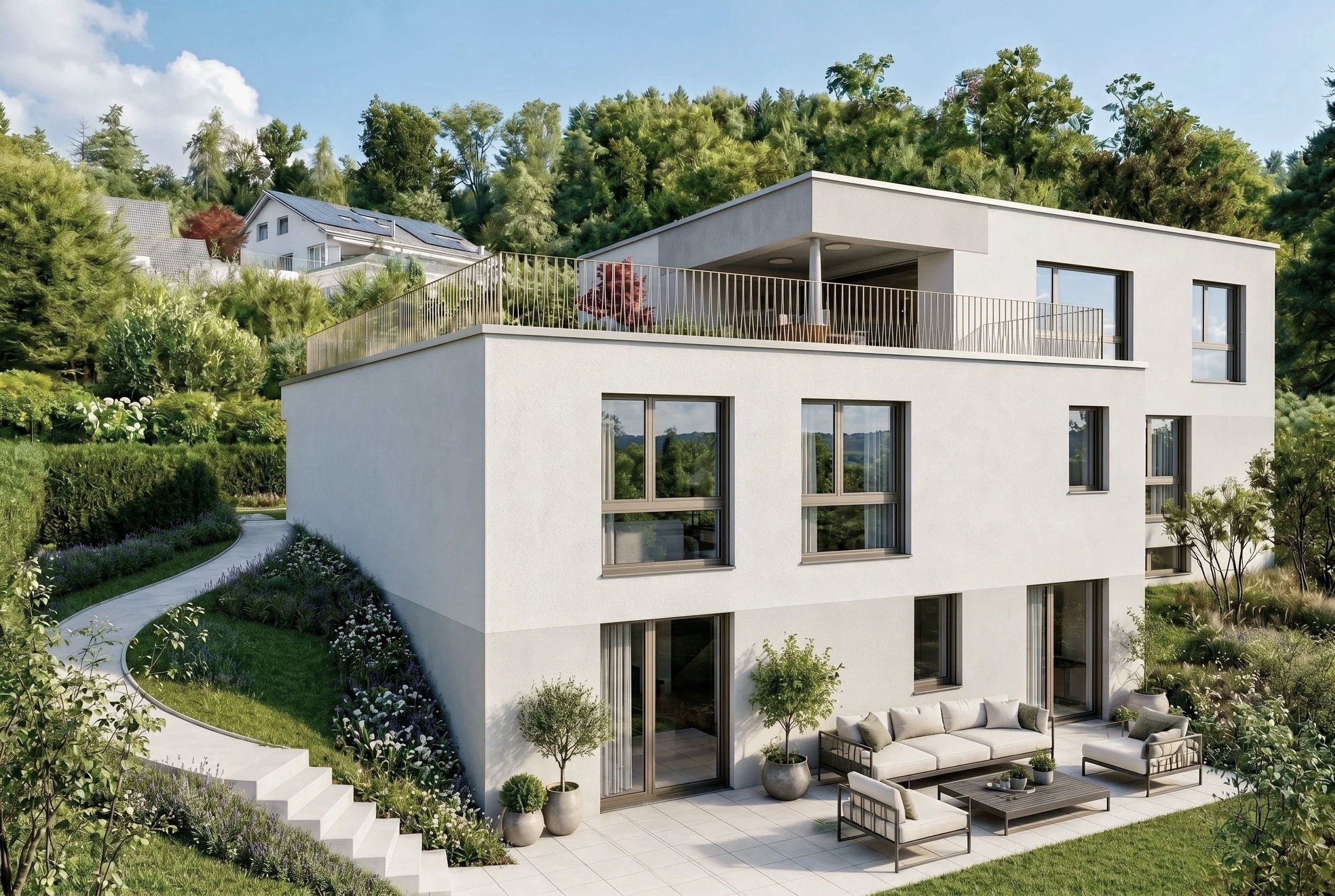 Frontansicht mit allen drei Geschossen, Terrasse und Garten