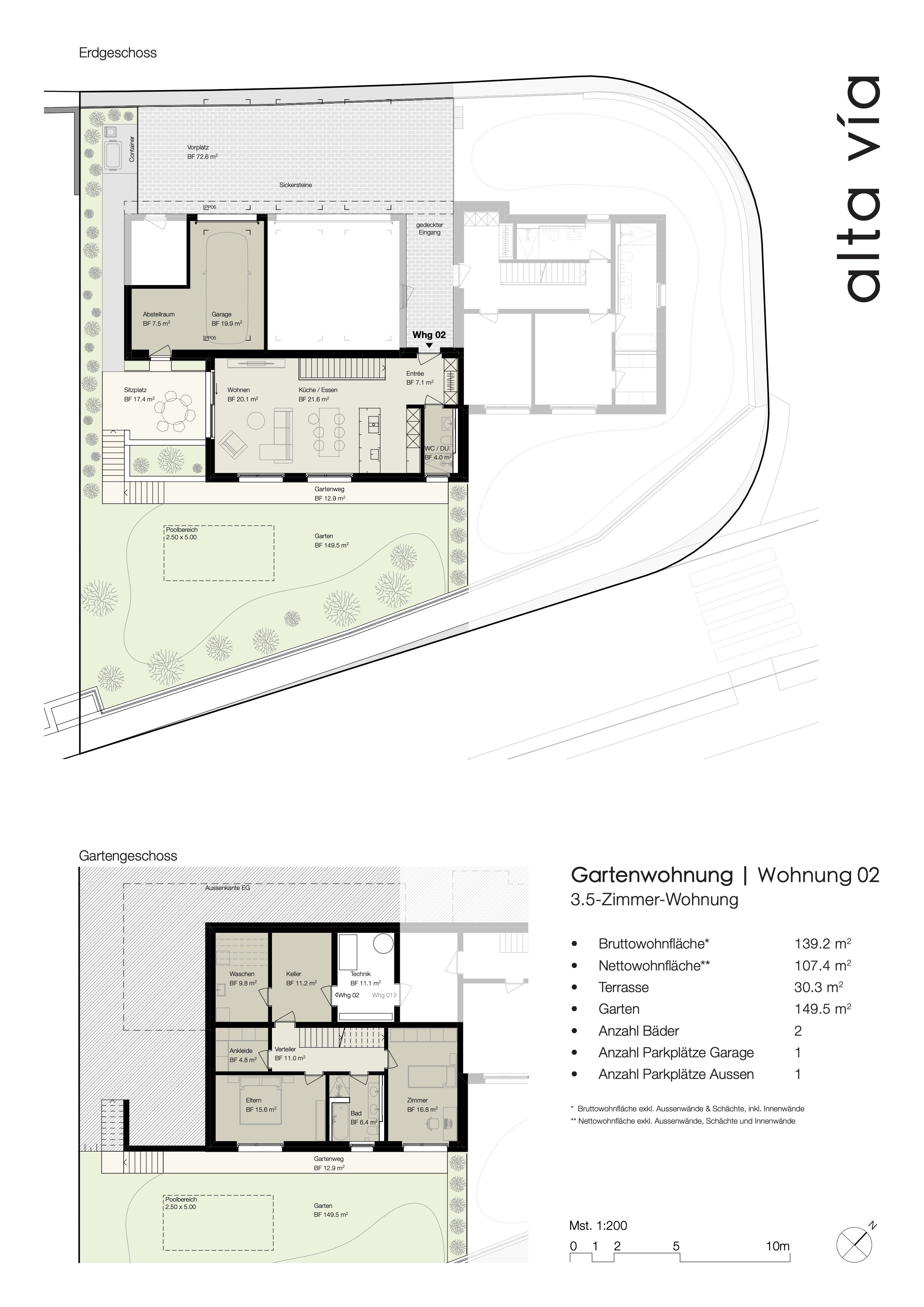 Grundrissplan eines Hauses mit Erdgeschoss und Gartengeschoss, inklusive Garten, Garage, Wohnzimmer, Küche, Schlafzimmer und Badezimmer.