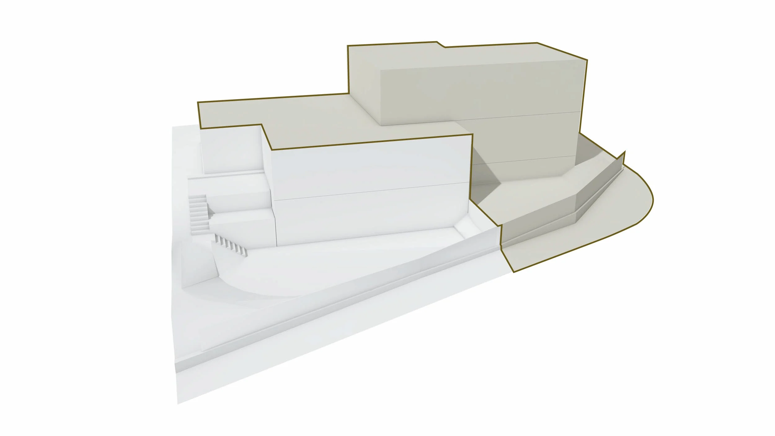 Architektonischer Modell des Gebäudes mit mehreren Ebenen, weißen Wänden und beigefarbenen Konturen, auf einem weißen Untergrund.