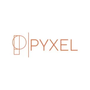 Logo mit geometrischen Formen und dem Text 'PYXEL' in orangeriner Schrift.