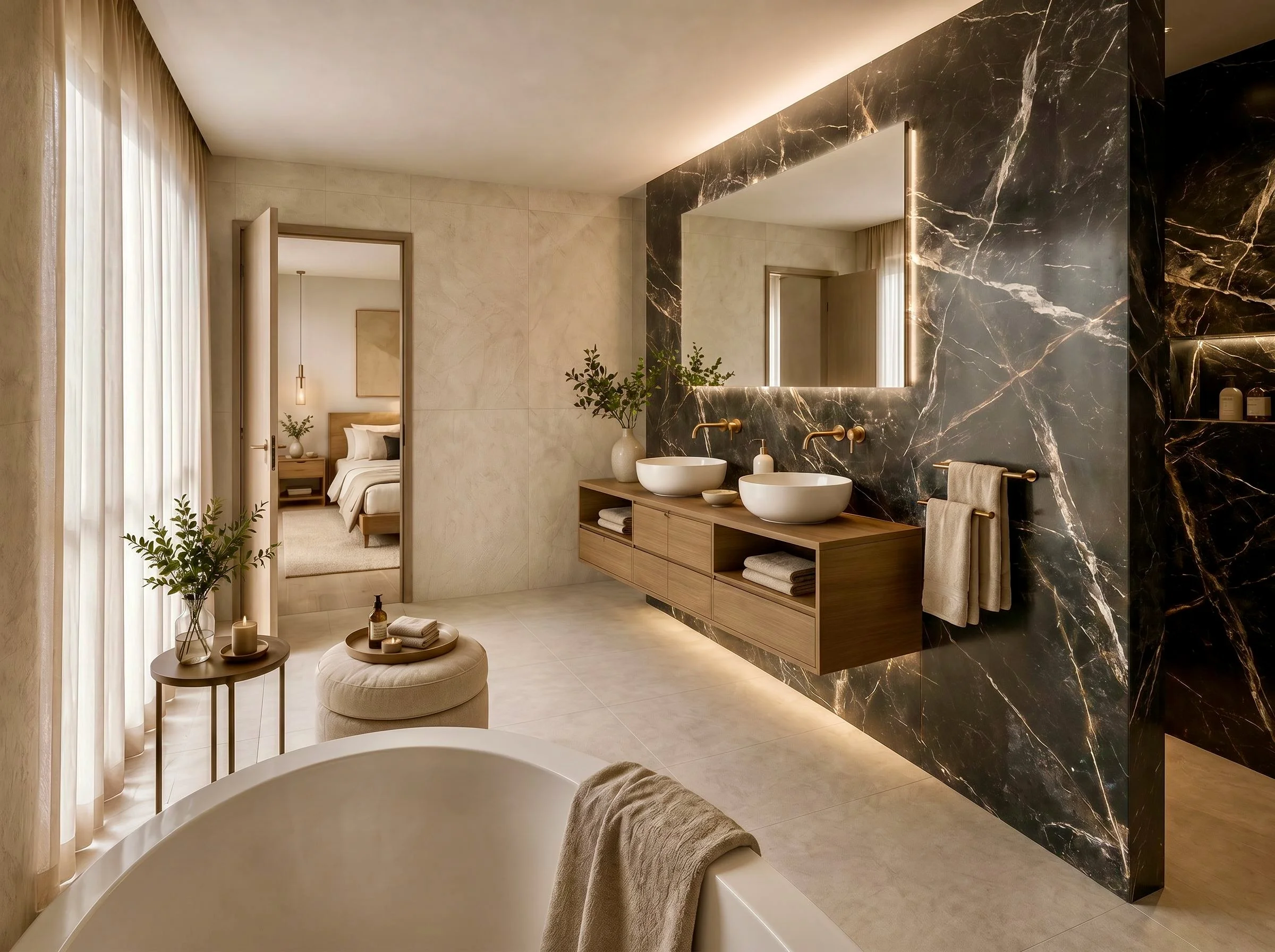 Ein modernes Badezimmer mit zwei weißen Waschtischen auf einer Holzkonsole, einer schwarzen Marmorwand mit Spiegel, einer Badewanne im Vordergrund, Pflanzen und Kerzen, und ein Blick in ein Schlafzimmer mit Bett, Nachttisch und einem Hängelicht.