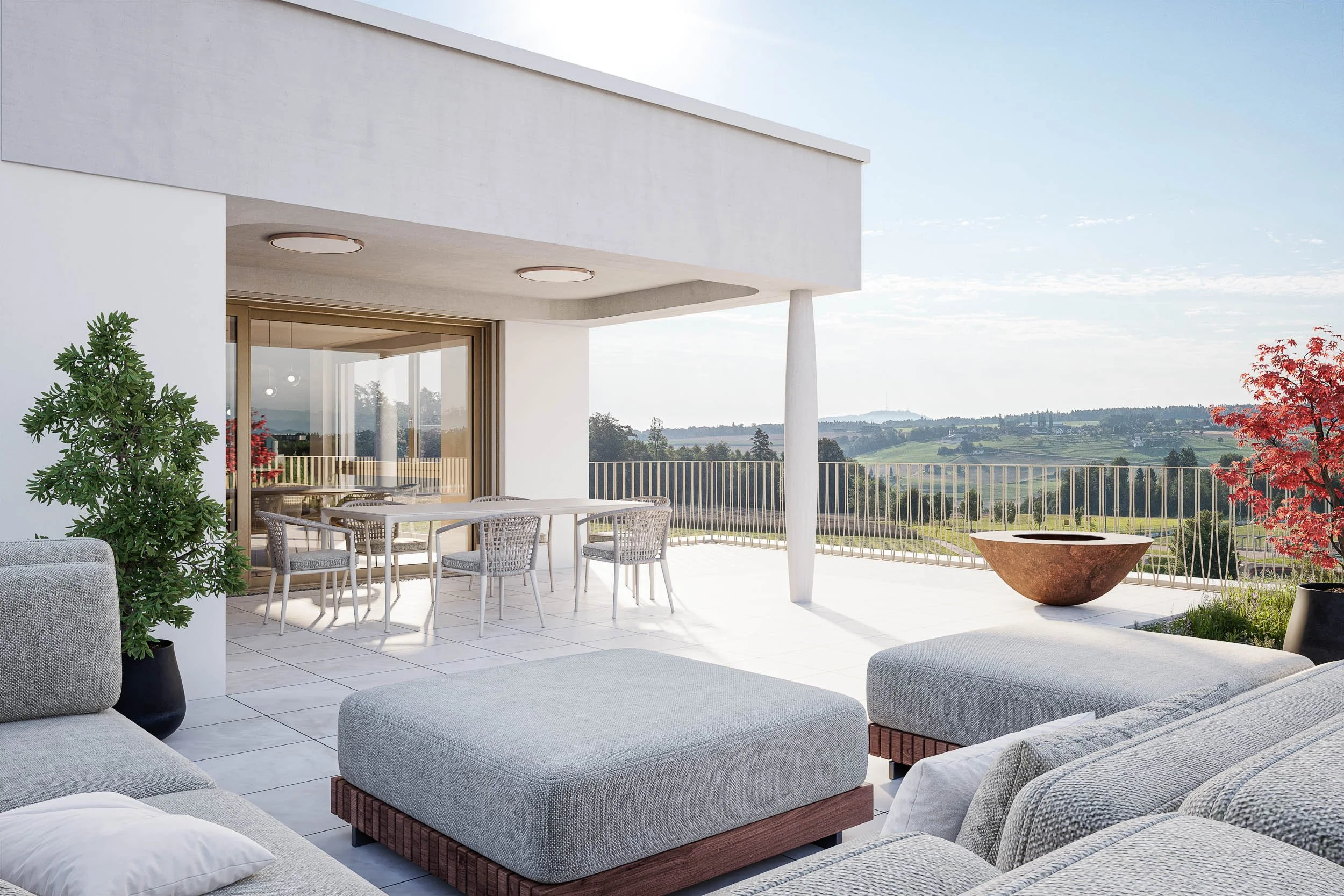 Attikawohnung, Terrasse, gedeckter Sitzplatz, Blick Richtung Uetliberg und Friedlisberg (Osten)