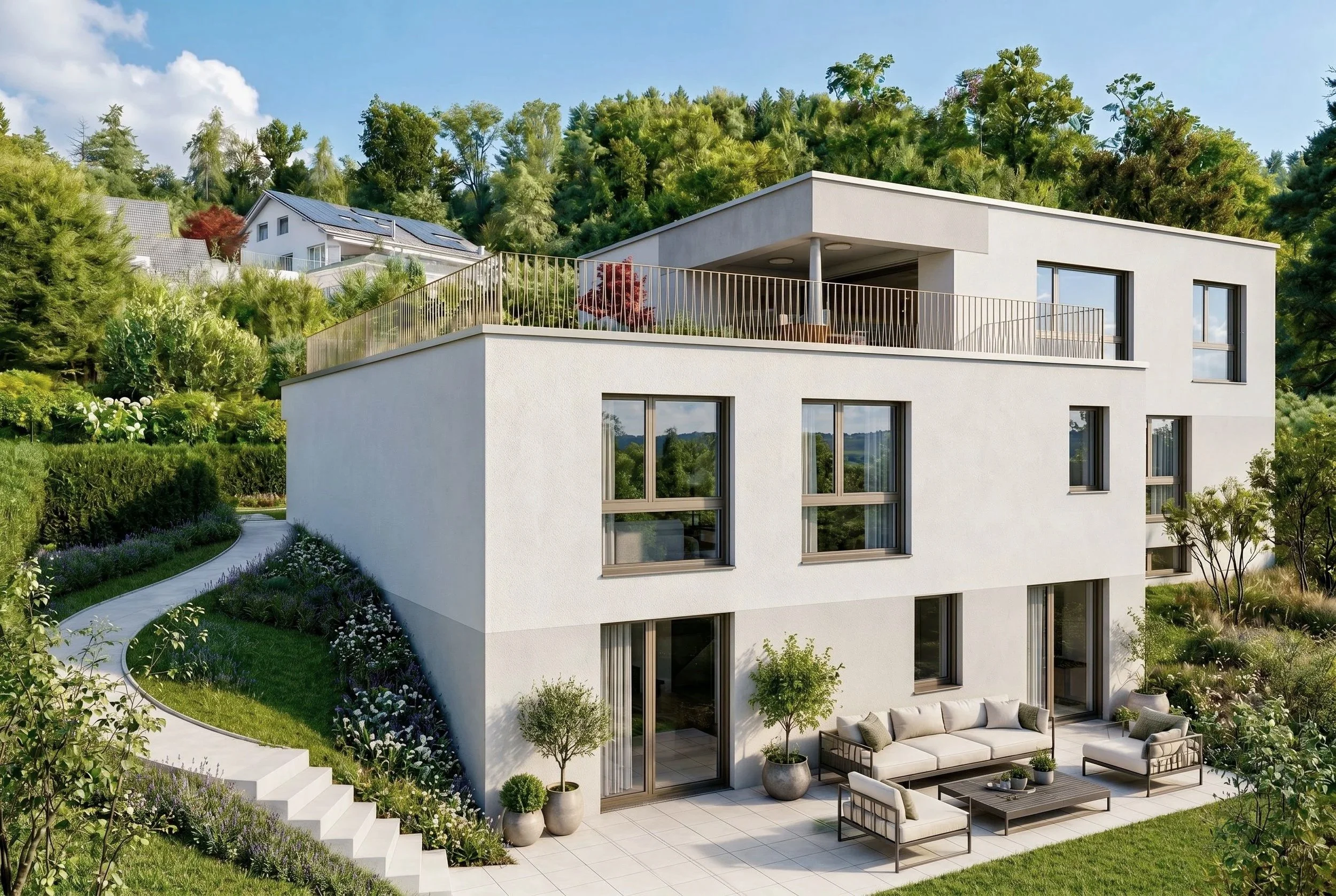 Modernes weißes Einfamilienhaus mit Terrasse und Garten, umgeben von grünen Bäumen und Pflanzen, im Hintergrund ein Hügel mit weiteren Häusern.