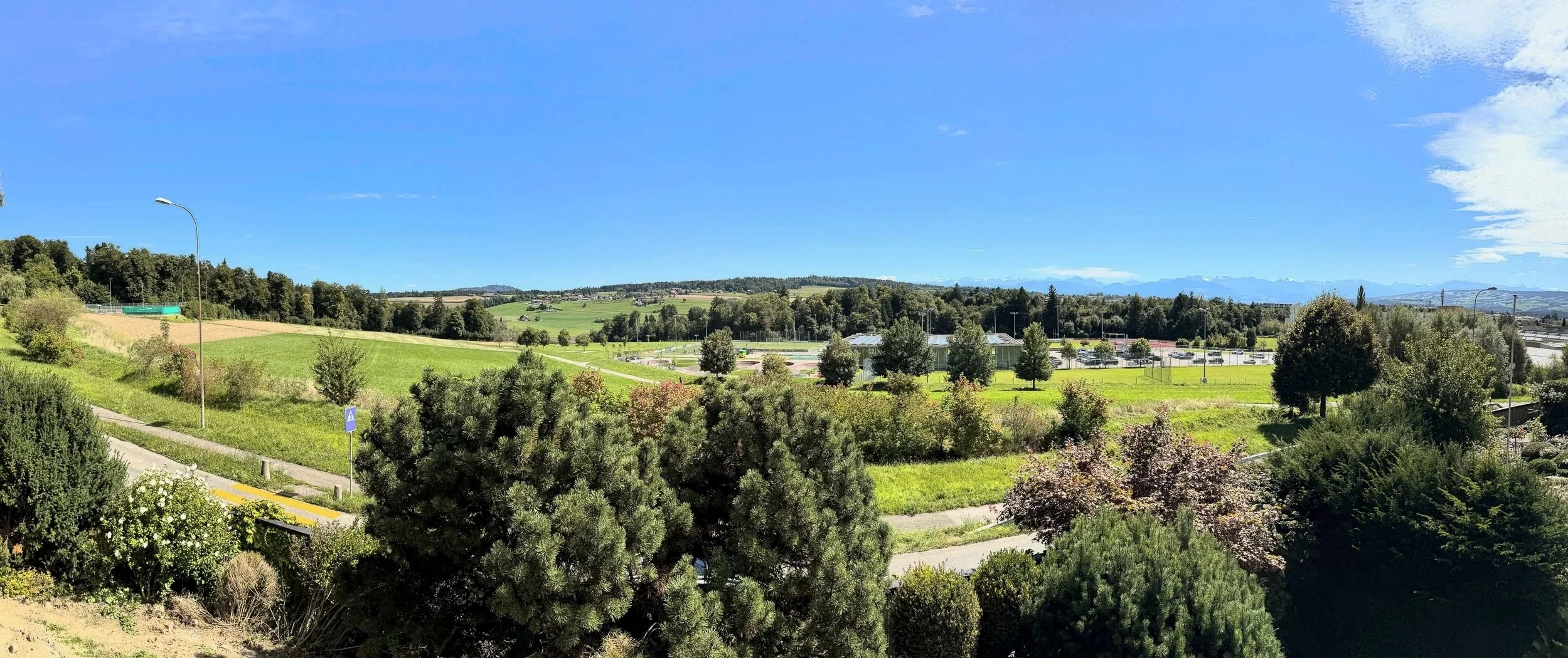Landschaft mit Wiesen, Bäumen, Wegen und einem blauen Himmel mit Wolken.