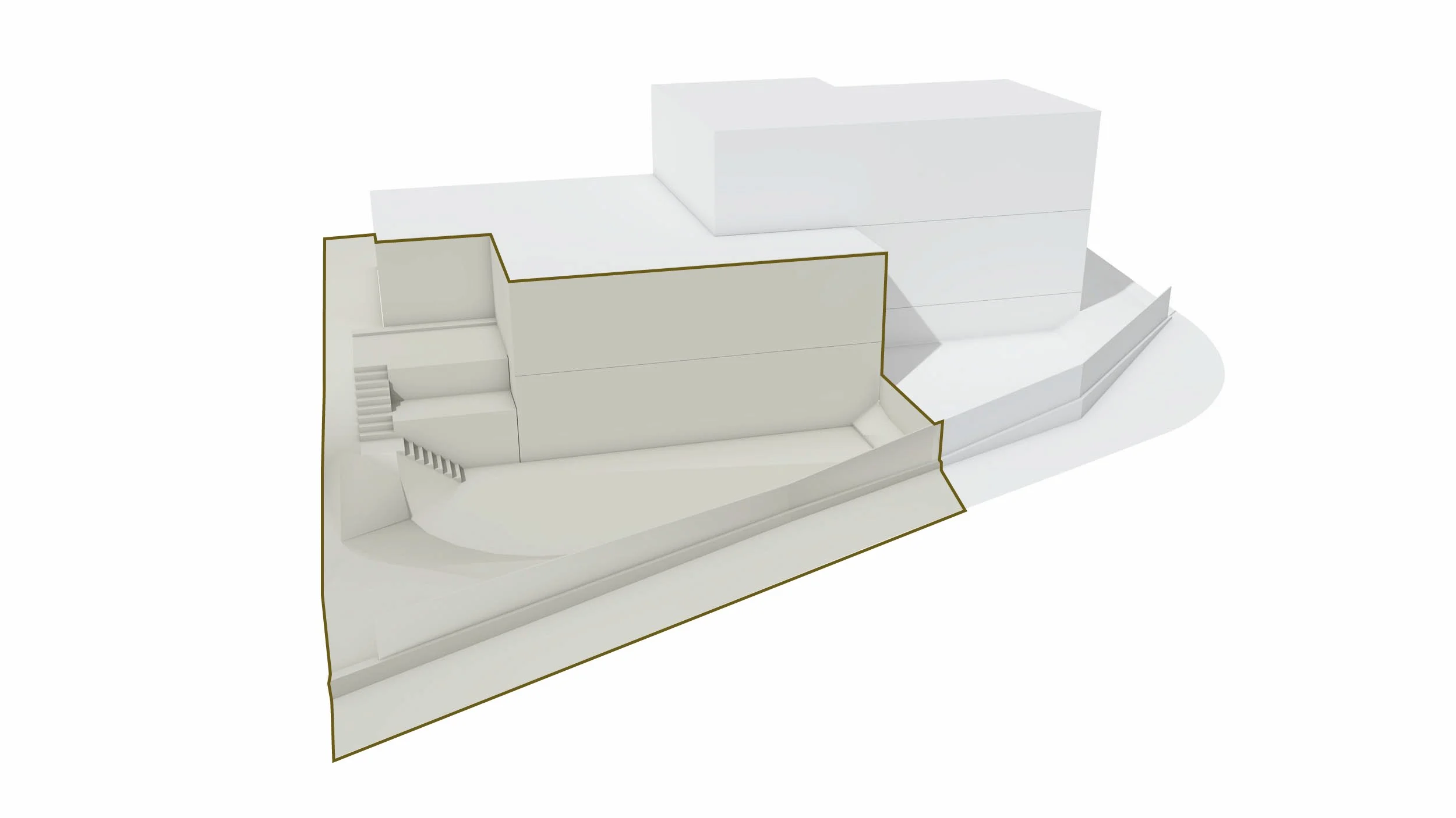 Architektonisches Modell eines modernen Gebäudes mit mehreren Ebenen und Terrassen, das auf einem unebenen Grundstück platziert ist.