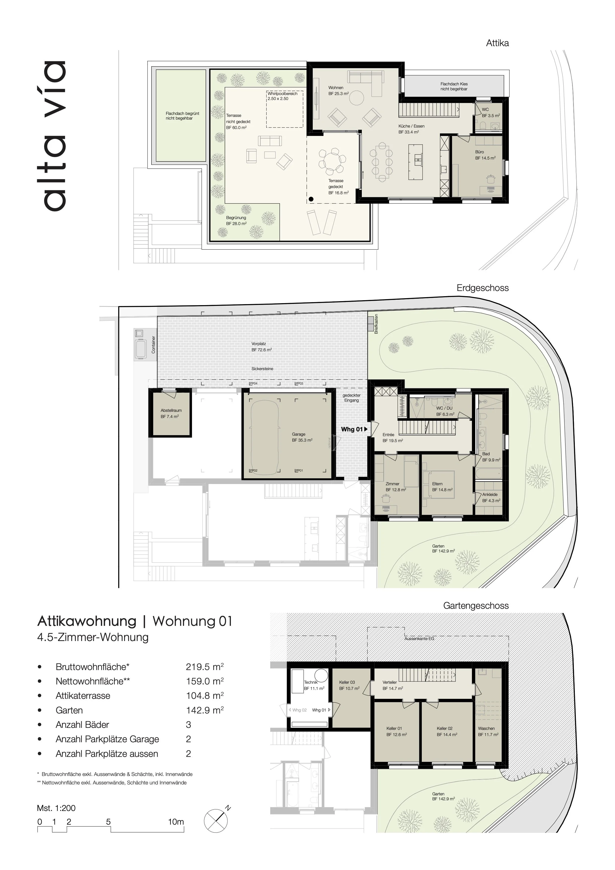Grundrisspläne einer Mehrgeschossfamilienhaushälfte mit Garten, Terrassen, Innenräumen und Maßen in Quadratmetern, inklusive Details zu Zimmern, Bädern, Garage und Außenbereichen.