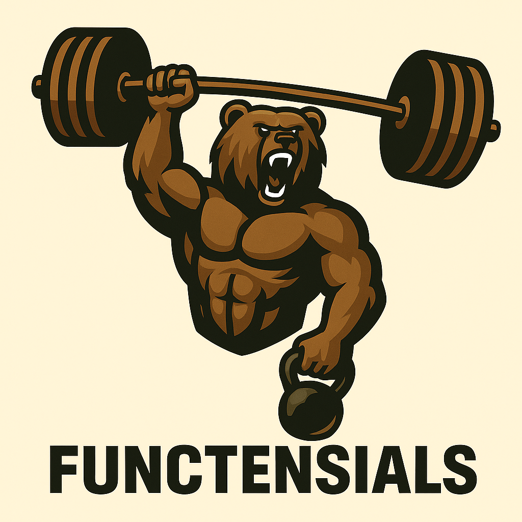 Ein bärartiges Wesen mit muskulösem Körper hebt eine schwere Hantel über seinem Kopf. Unten steht der Schriftzug "FUNCtENSIALS".