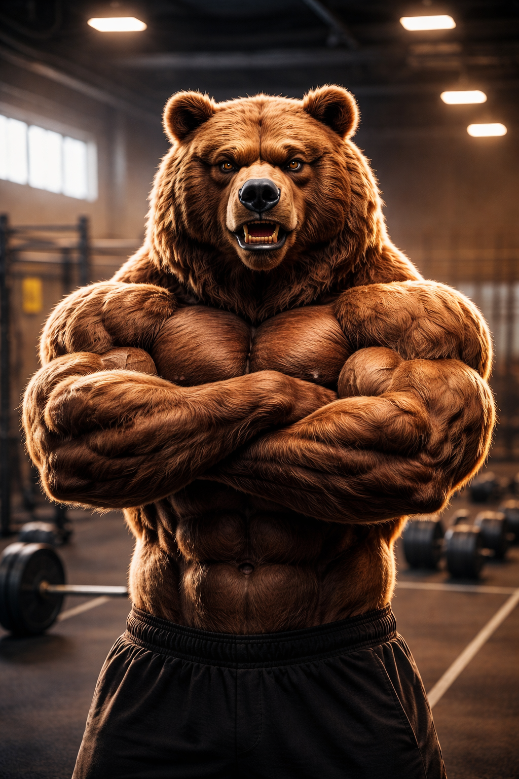 Ein muskulöser Bär mit Armen verschränkt in einem Fitnessstudio.
