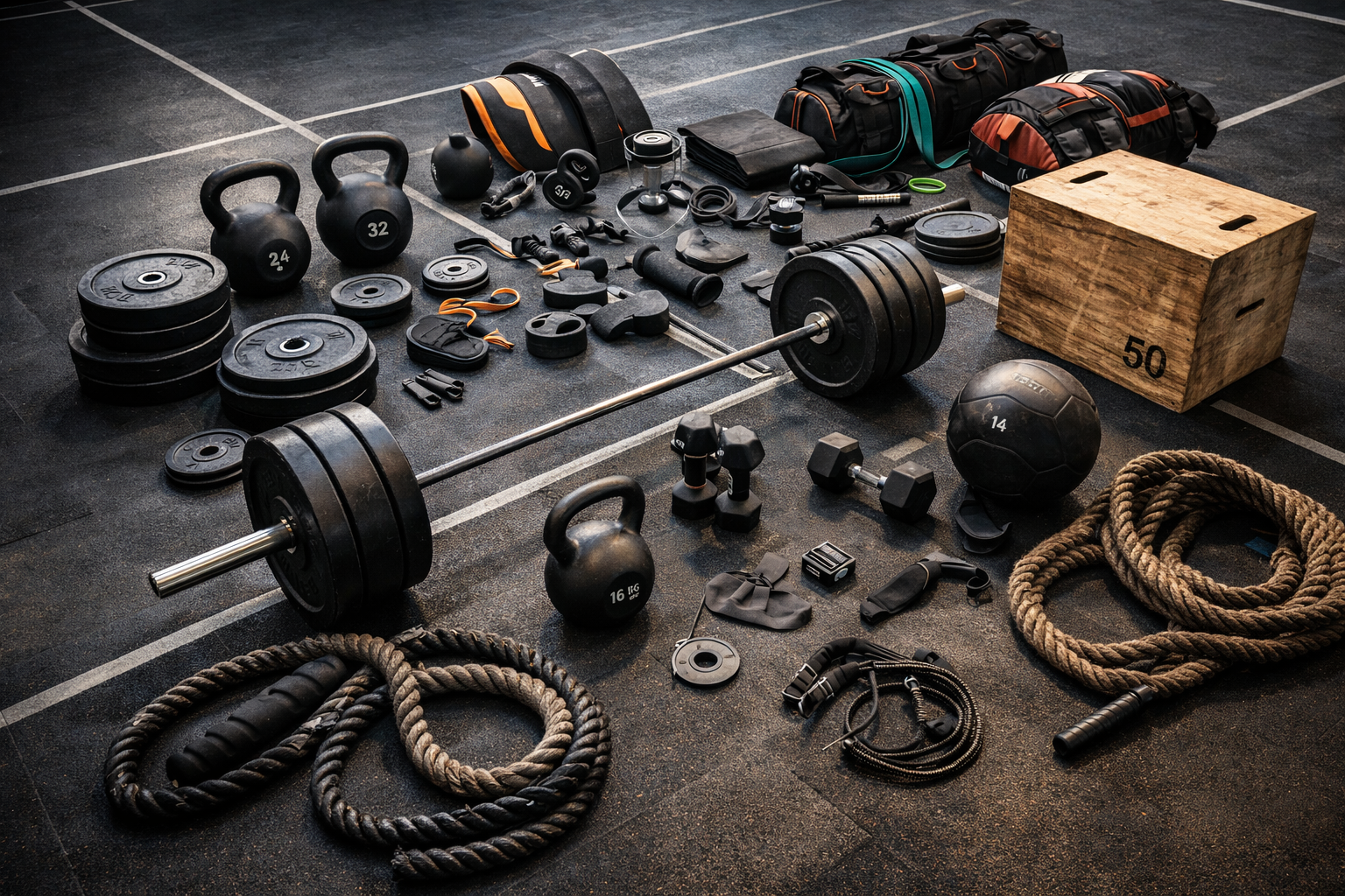 Fitnessgeräte und -ausrüstung auf einem Gym-Boden, darunter Gewichte, Hanteln, Kettlebells, Langhantelstange, Seile, Medizinbälle, Cardio- und Krafttrainingszubehör sowie einen Holzbox, alles ordentlich angeordnet.
