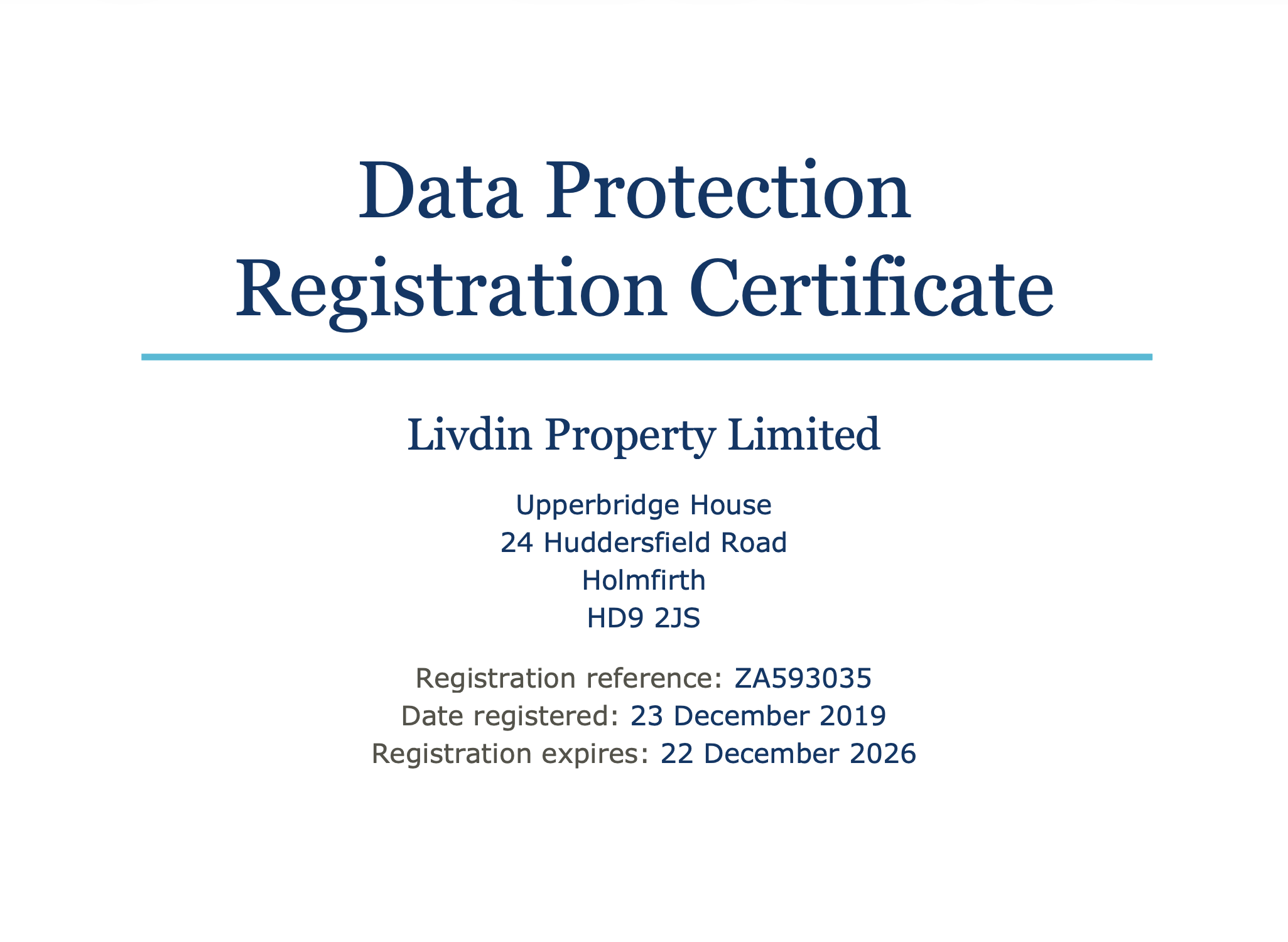 Data protection registration certificate for Livdin Property Limited, showing address at Upperbridge House, 24 Huddersfield Road, Holmfirth, registration number ZA593035, registered on December 23, 2019, expiring on December 22, 2026.